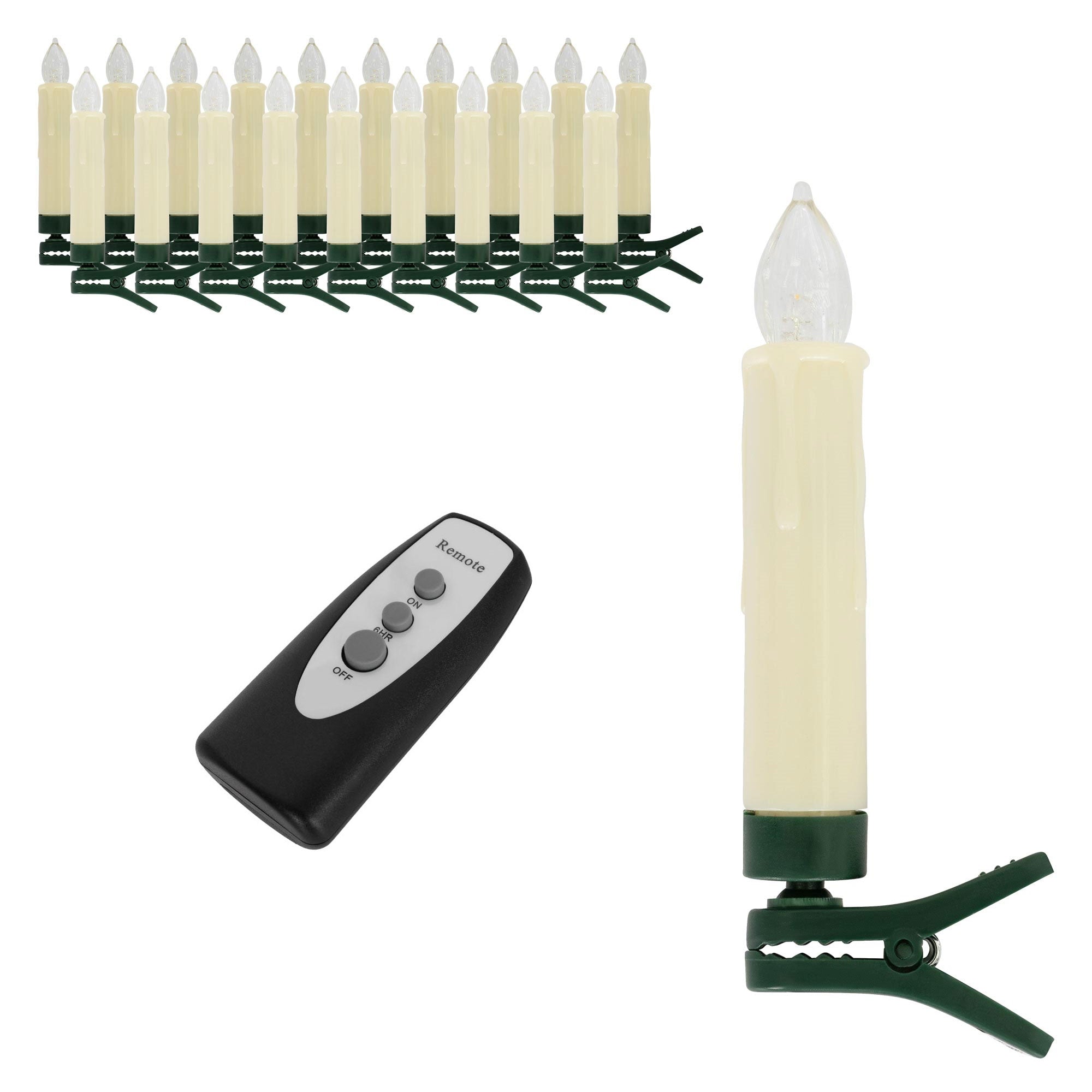 Several LED candles with holders and a remote control.