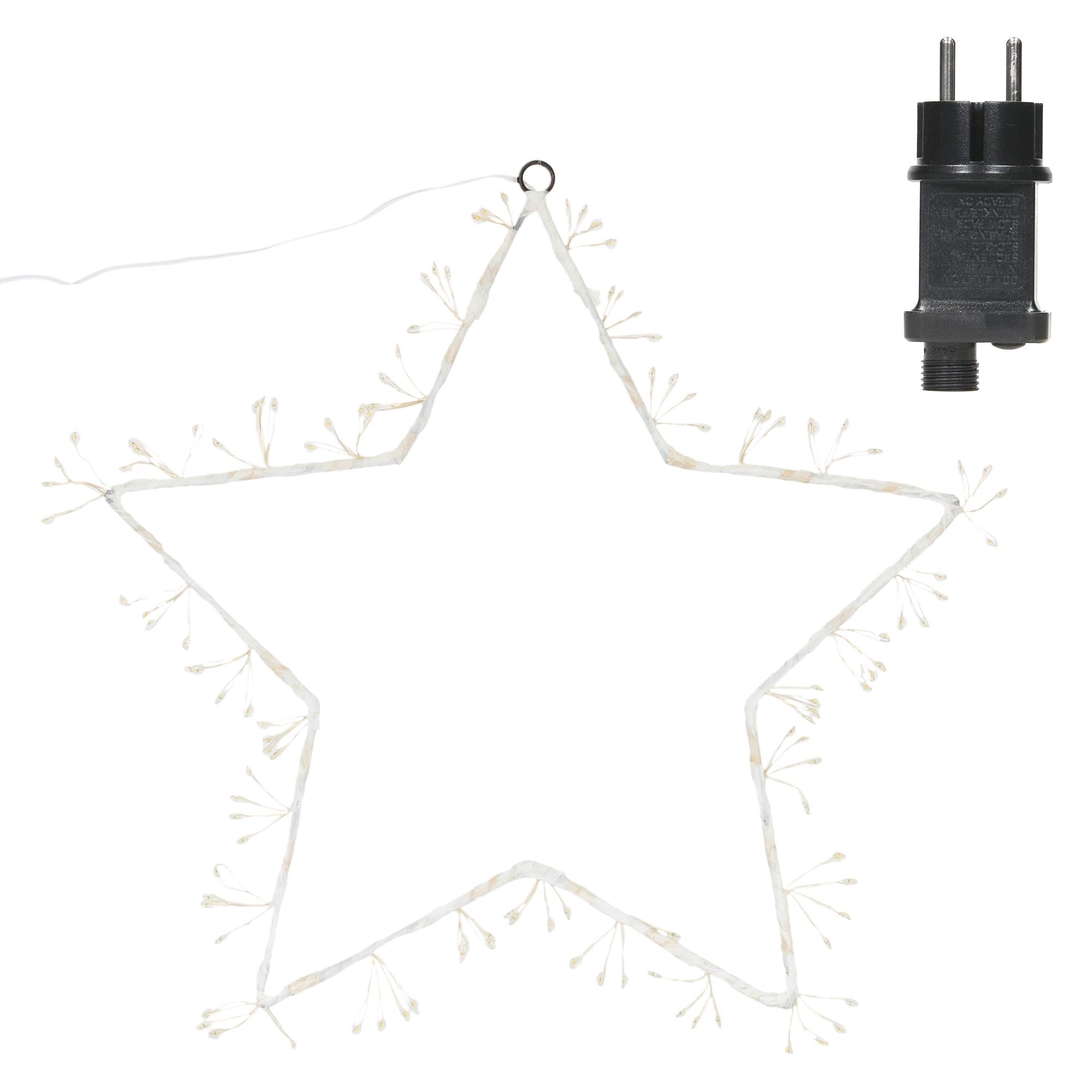 Stern aus Lichtern mit Stecker, auf weißem Hintergrund.