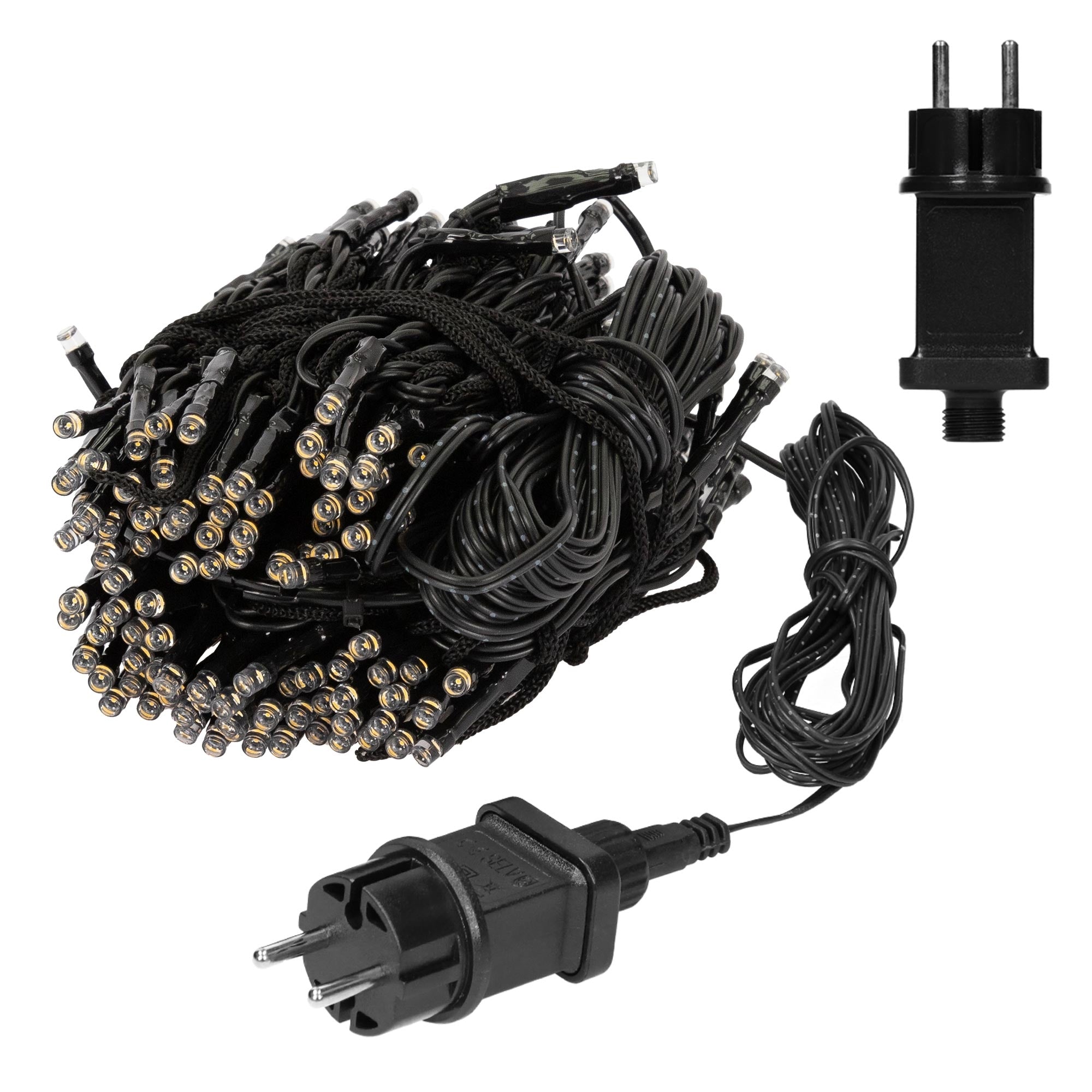 Ein Kabelbaum mit vielen Lichtern und einem Stecker.