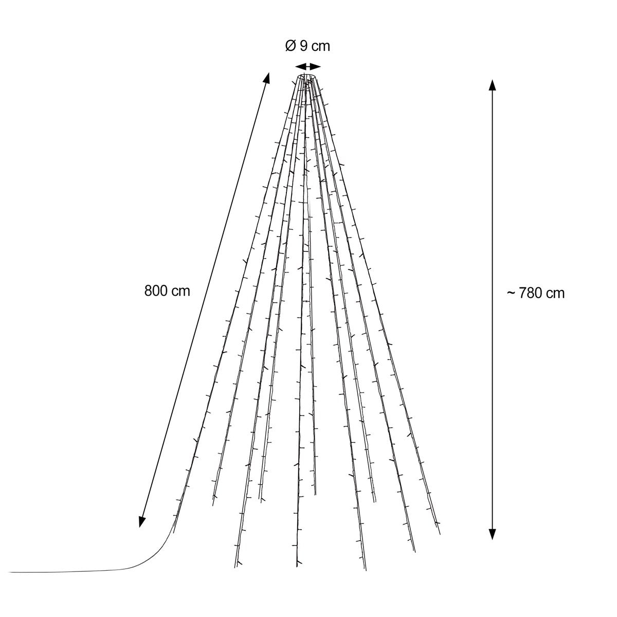 Diagram med mål på en lyskæde formet som et træ.