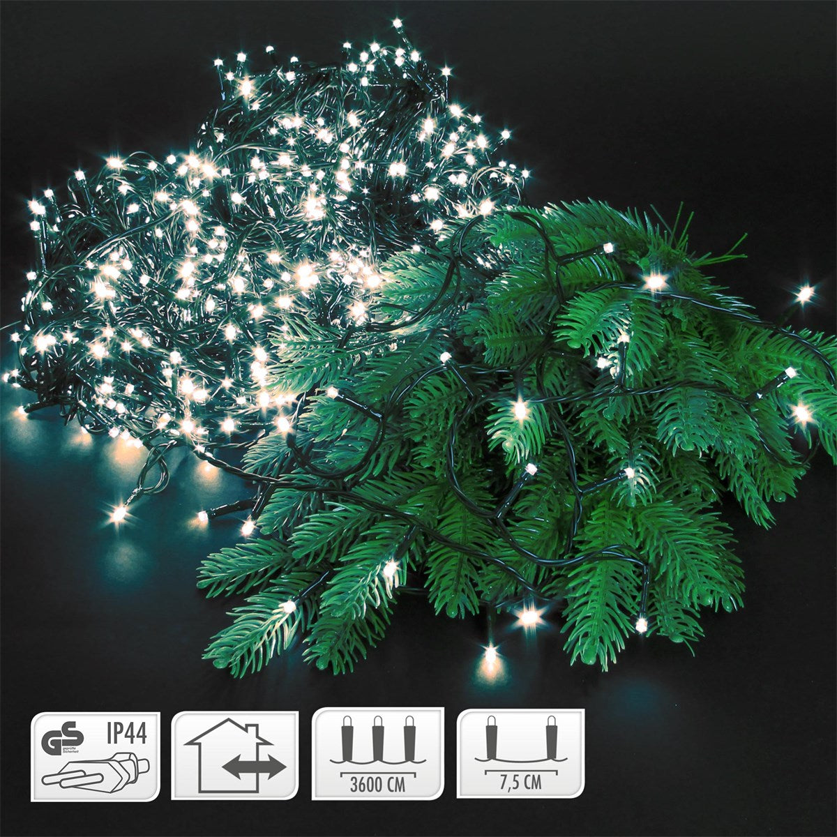Deux guirlandes lumineuses, une verte et une blanche, avec des informations techniques.