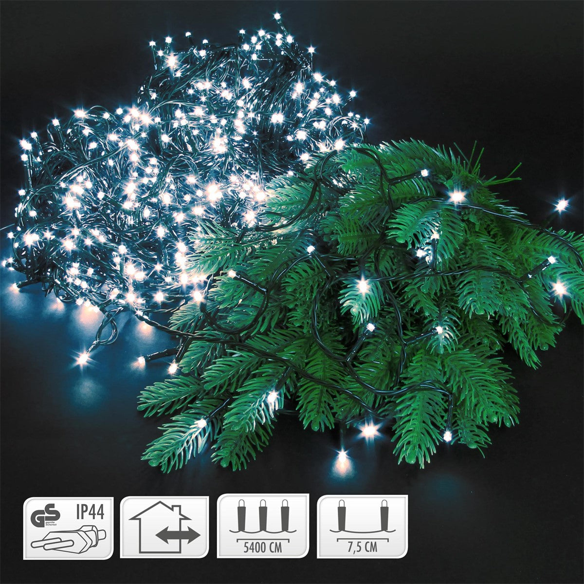 Duas luzes de Natal sobre um fundo preto, uma com luzes brancas e outra com luzes verdes.