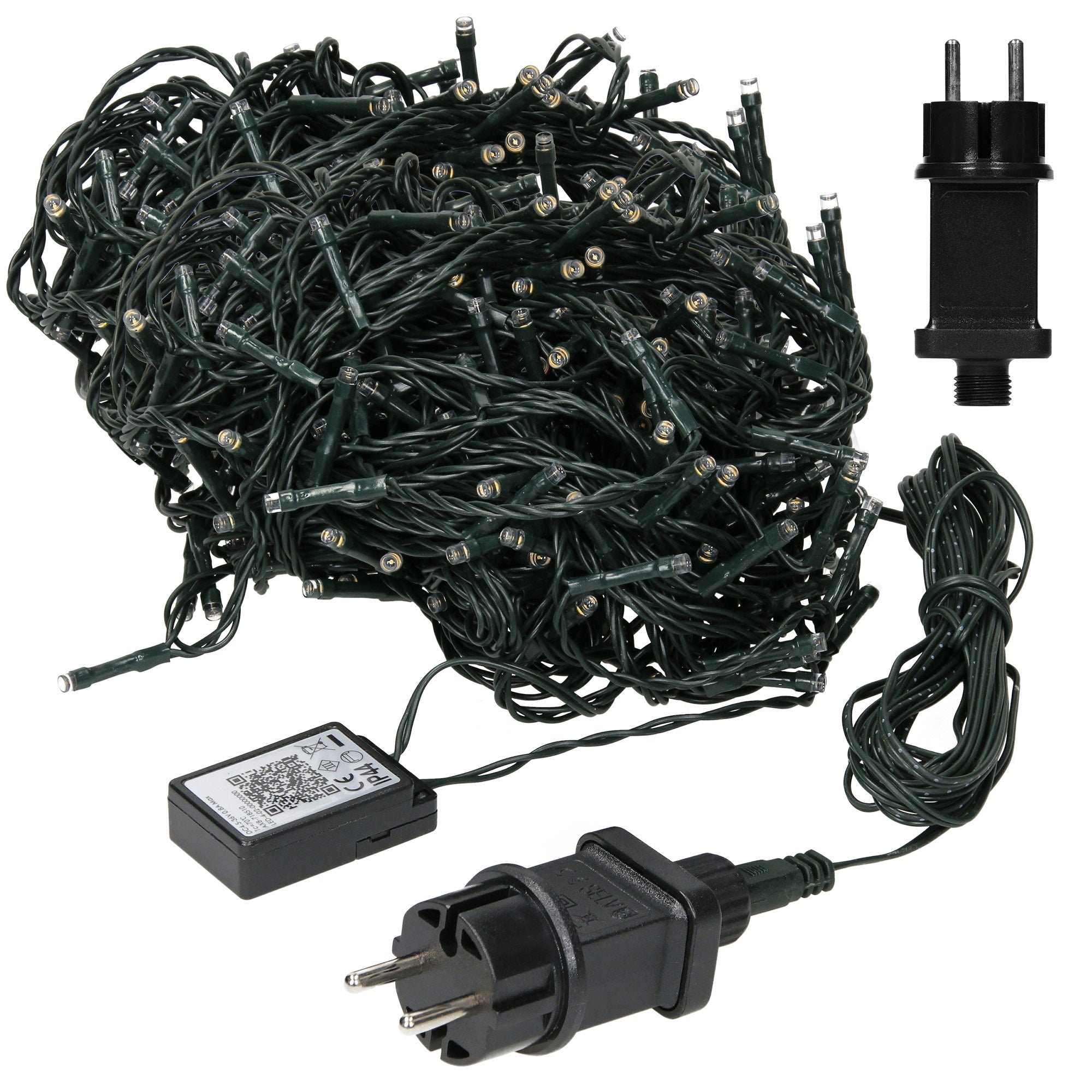 Ein Kabel mit vielen Lichtern, das stark verwickelt ist, mit einem Stecker und einem Steuergerät.