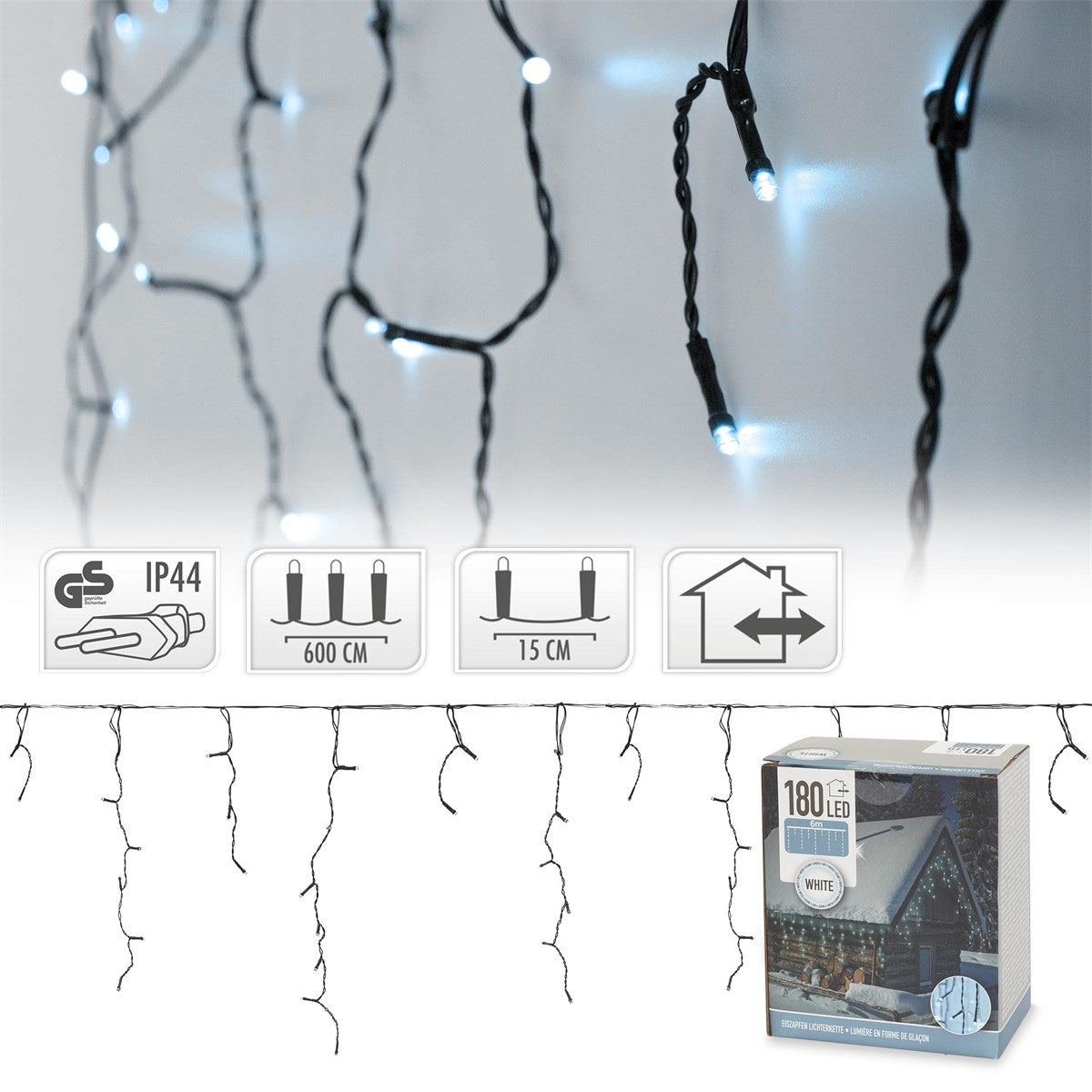 Lichterkette mit weißen LEDs, technische Details und Verpackung.