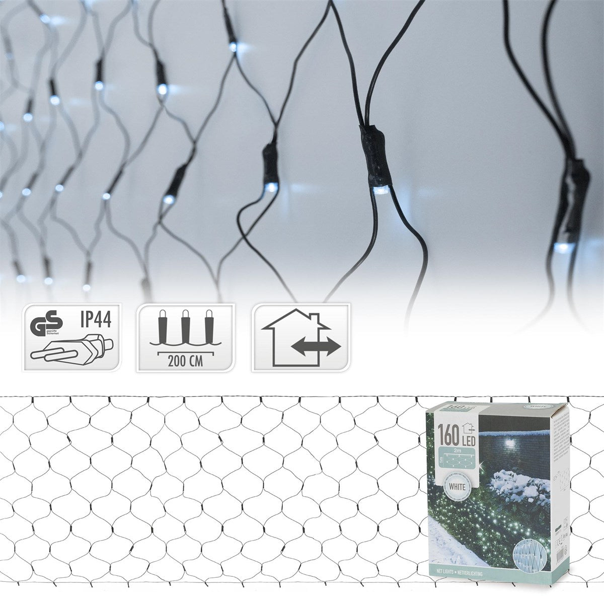 Ein Netz aus weißen LED-Lichtern, verpackt mit technischen Symbolen.