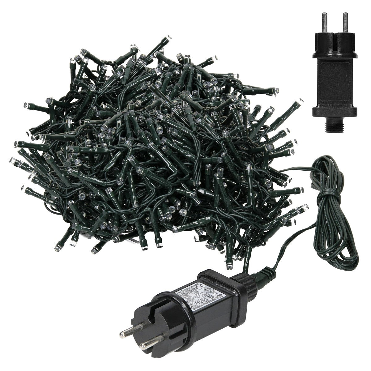 Ein Haufen von Lichterketten mit Stecker und Kabel.