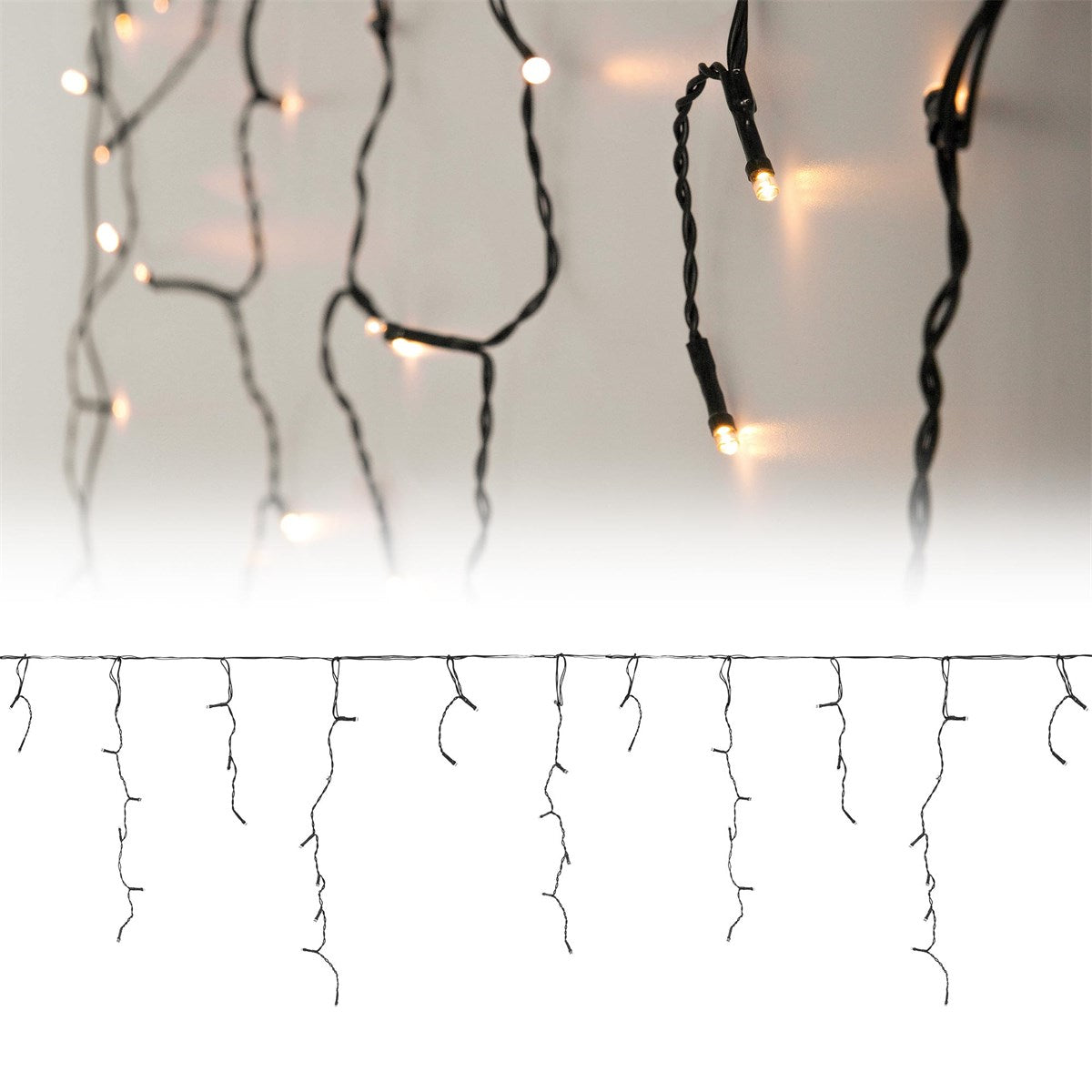 Lichterkette mit gelben Lichtern, die an einer Wand hängen.