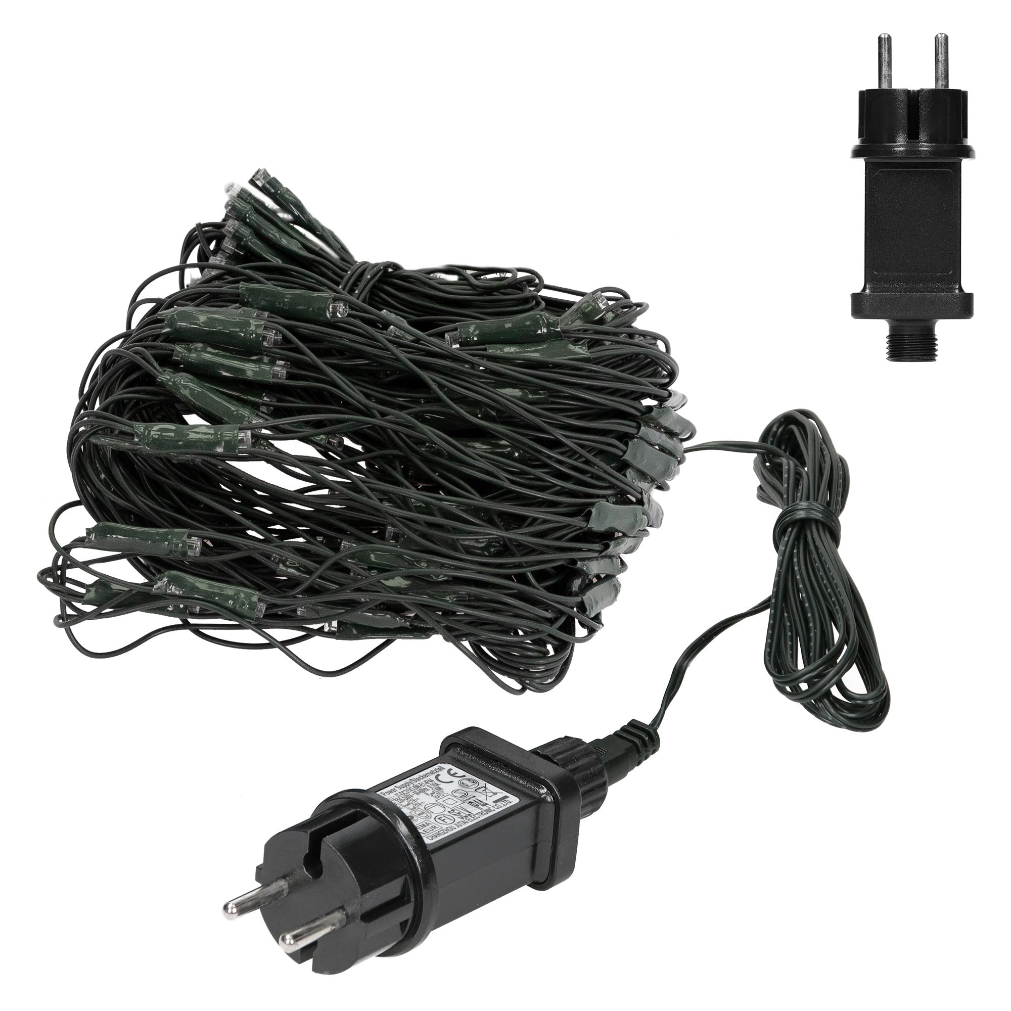 Ein Kabel mit vielen Lichtern und einem Stecker.