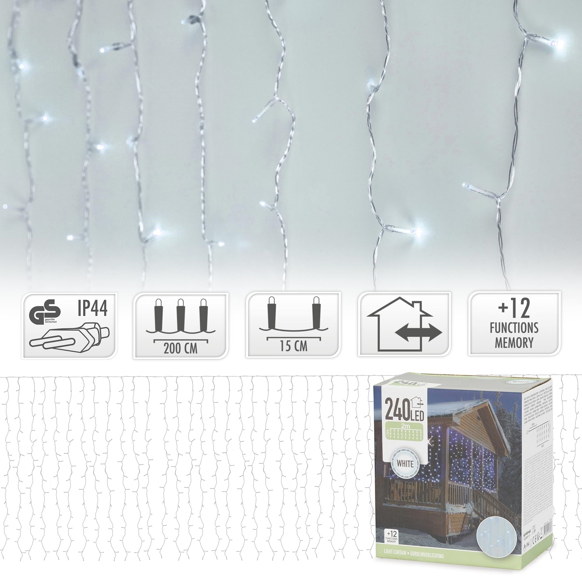 Lichterkette mit weißen LEDs, 240 Stück, in einer Verpackung.