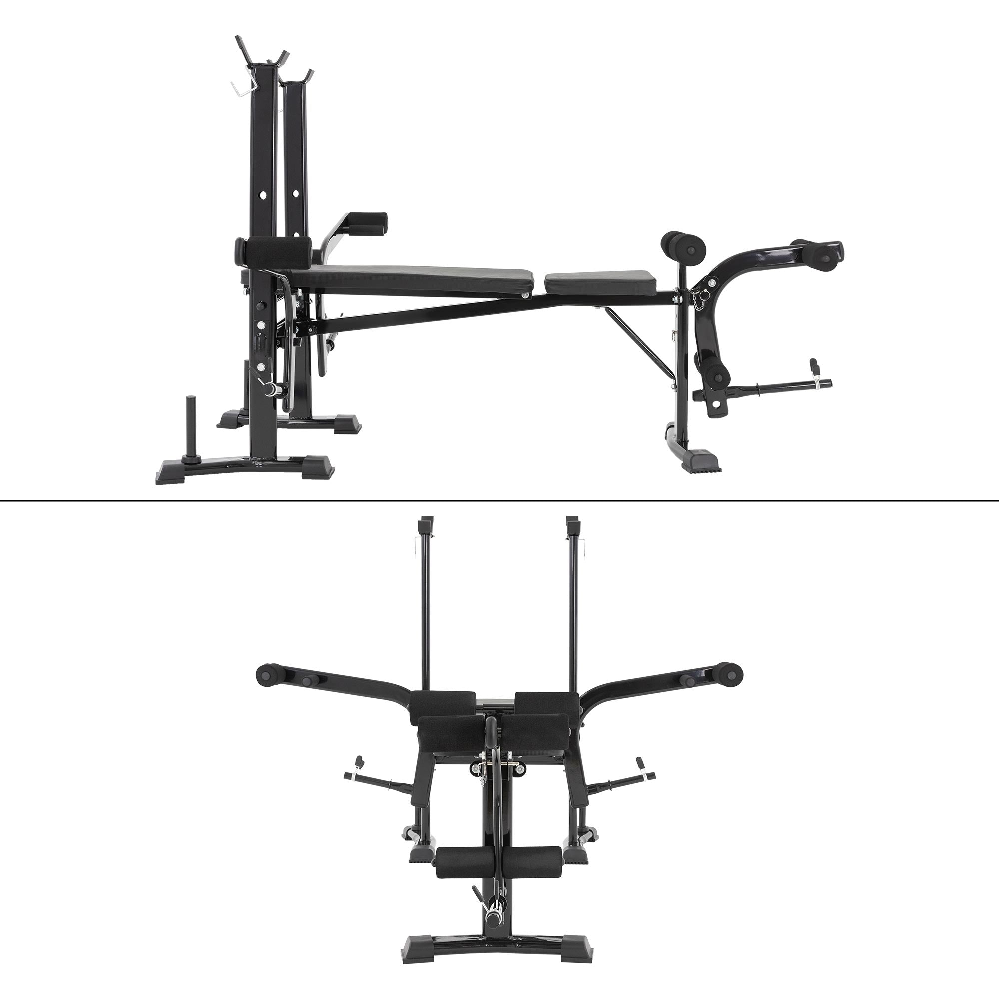 Schwarzes Fitnessgerät aus verschiedenen Perspektiven, mit Sitz und Armlehnen.