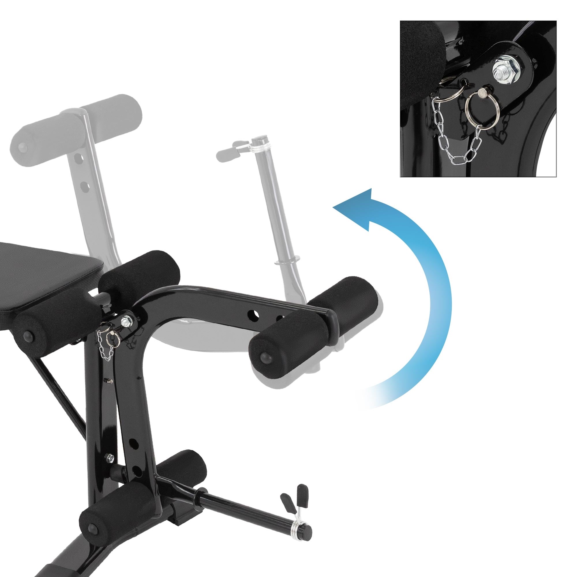Detailansicht eines Fitnessgeräts mit beweglichem Teil und Sicherung.
