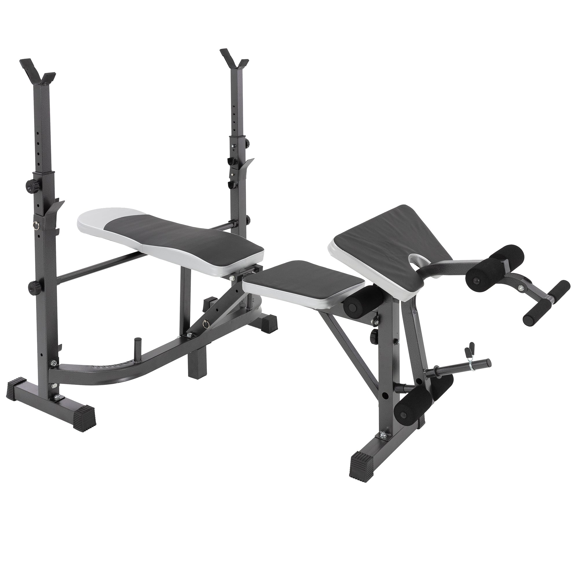 Banco de pesas con soportes ajustables y superficie en gris y negro.
