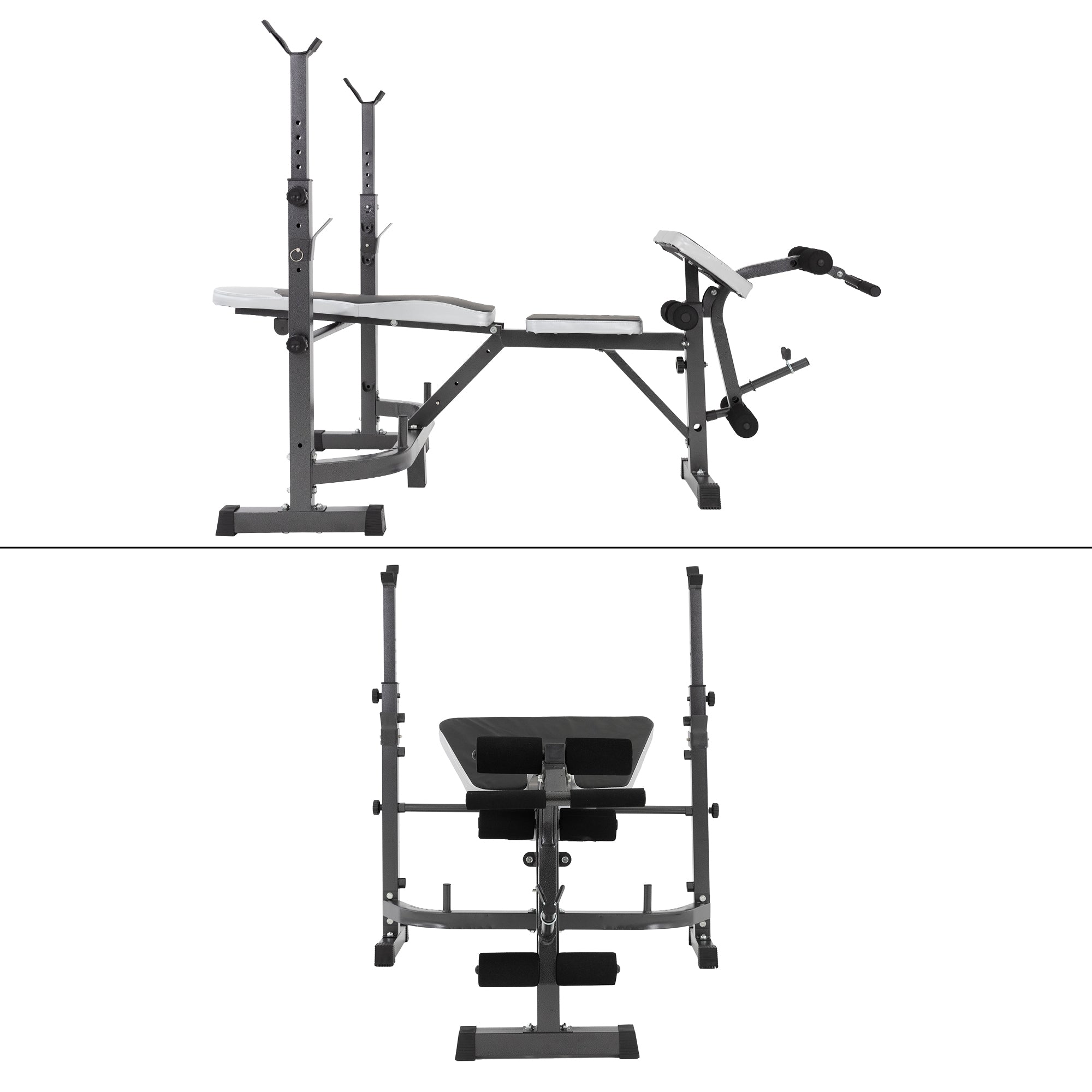 Un banco de entrenamiento desde dos perspectivas, con soportes y acolchado.