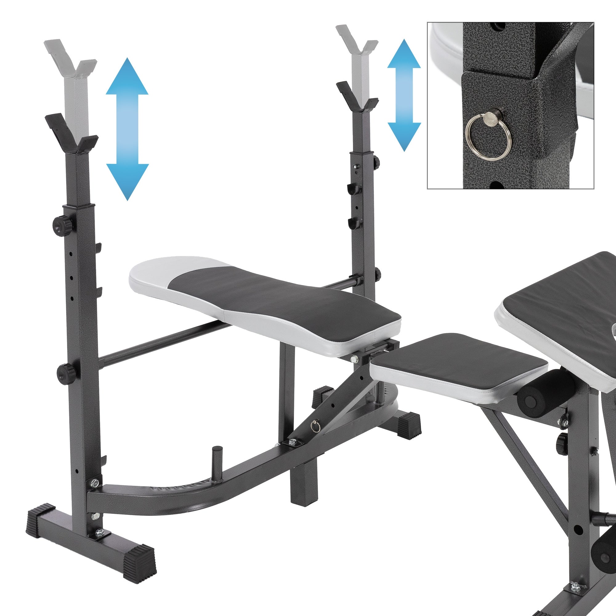 Banco de pesas con soportes ajustables, vista lateral y superior.