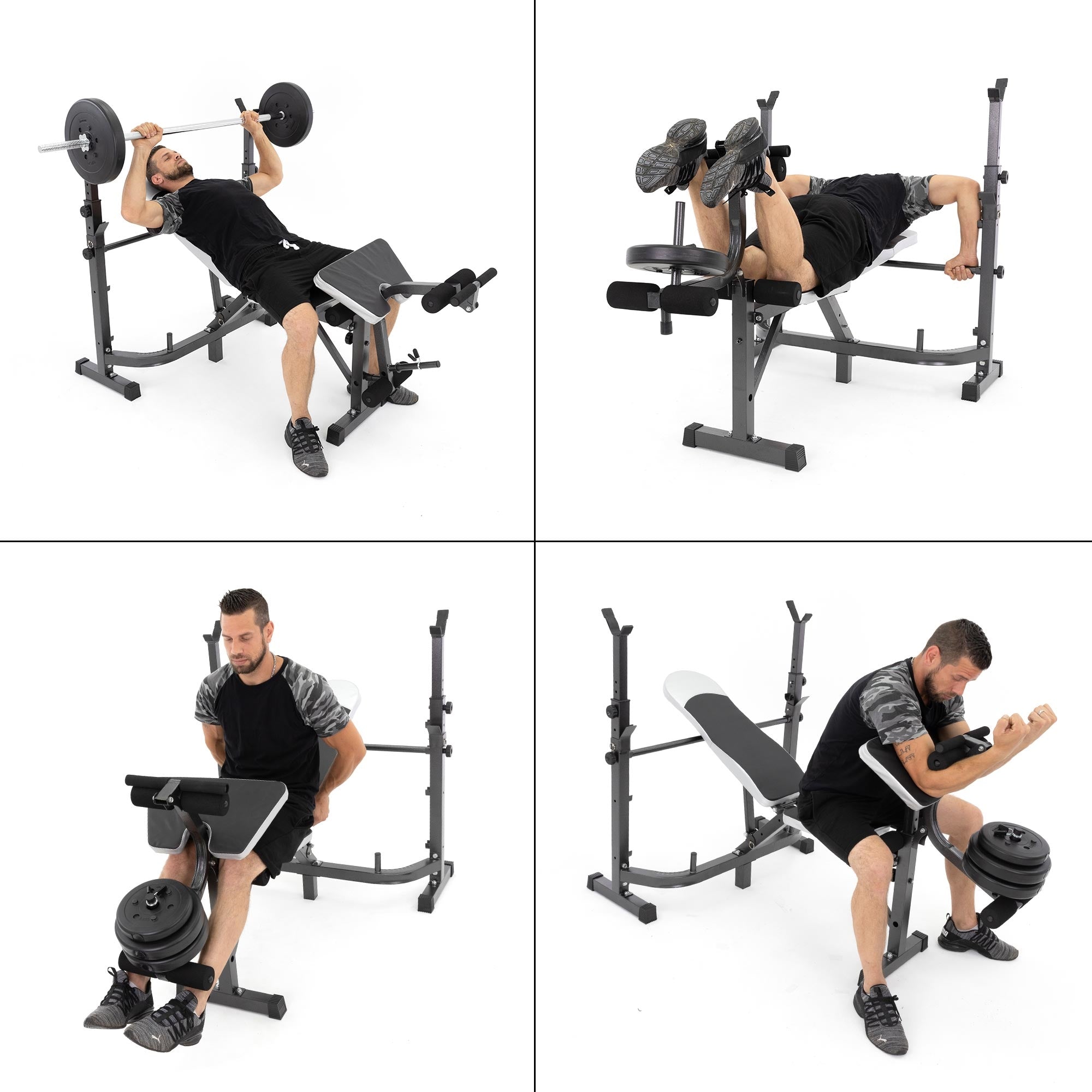 Cuatro ejercicios diferentes en un equipo de fitness con una persona.