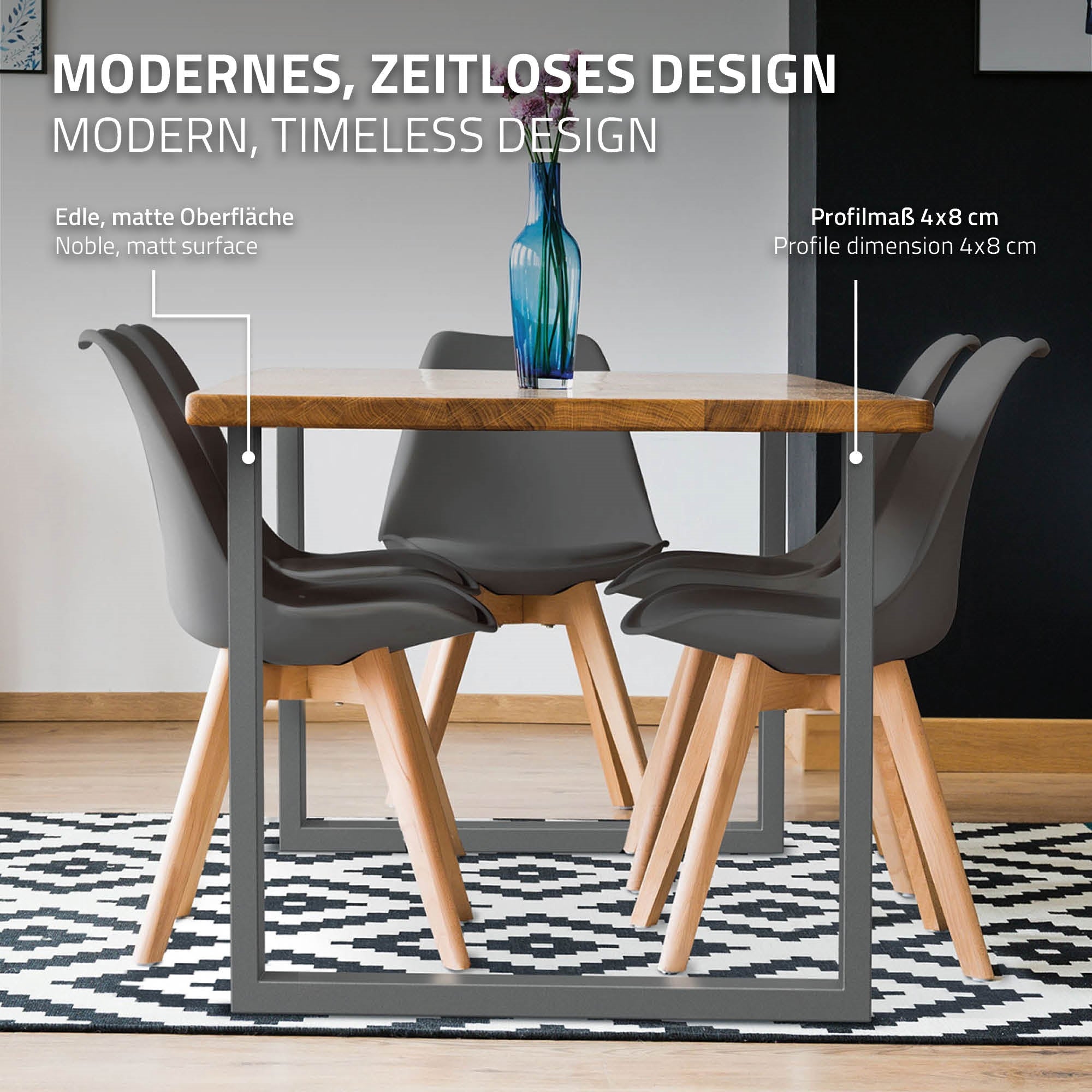 Nahaufnahme eines Esstisches mit Stühlen und Designbeschreibung.