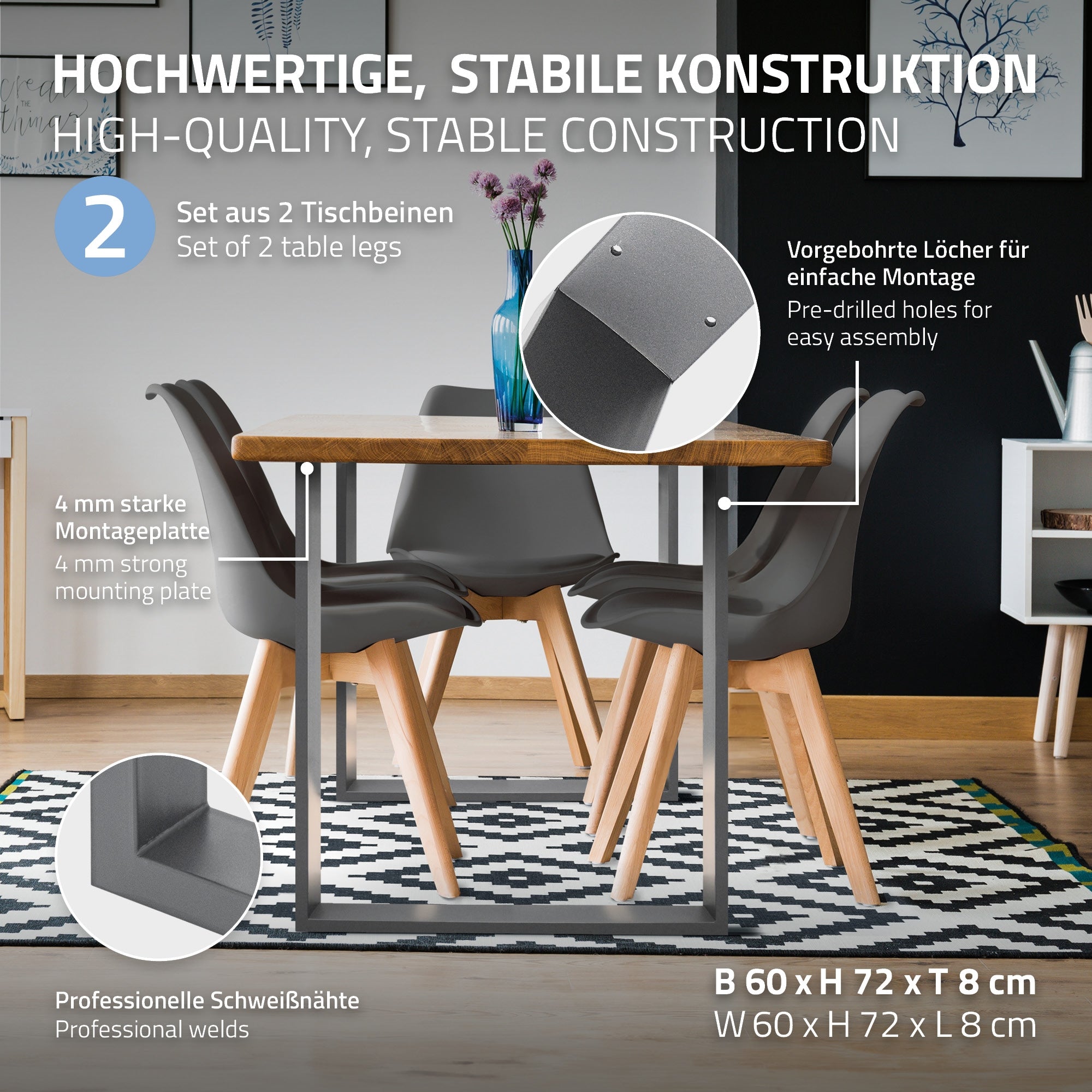 Table avec deux pieds de table gris et quatre chaises.