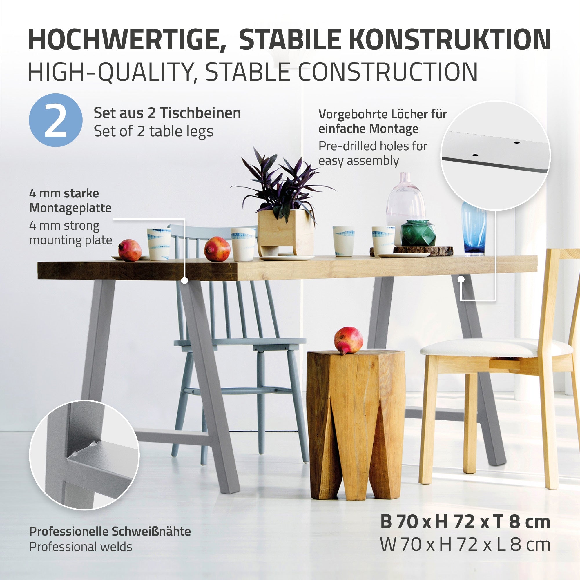 Zwei Tischbeine mit einer Montageplatte und Maßangaben.