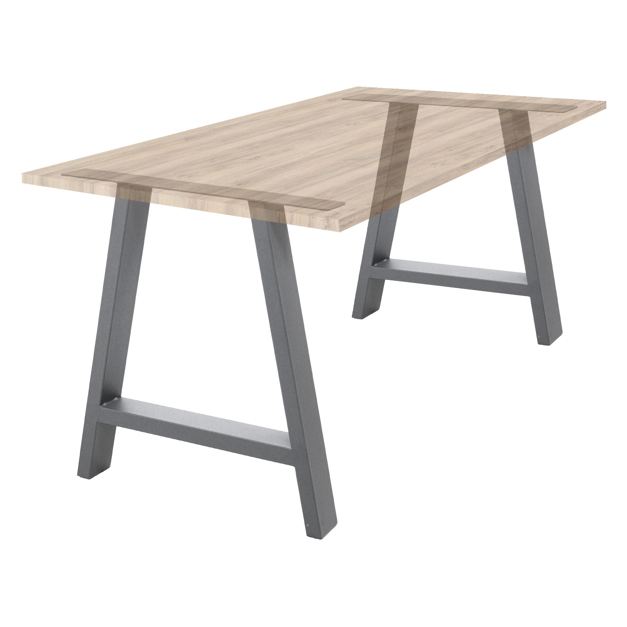 Ein Tisch mit einer Holzplatte und stabilen Metallbeinen.
