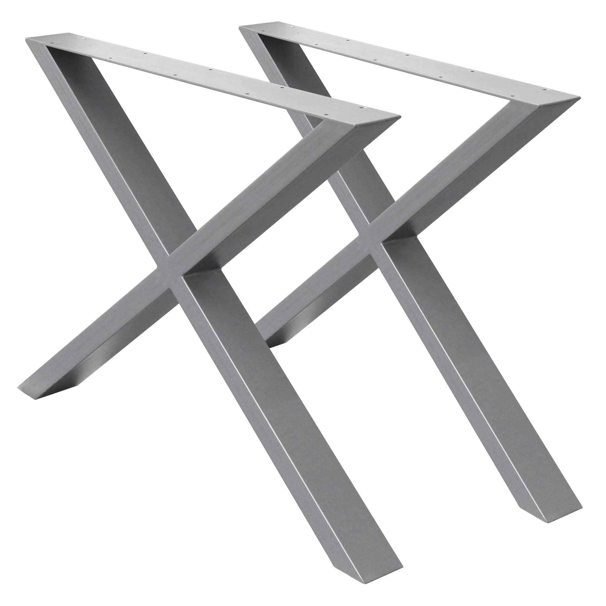 Zwei metallene Tischbeine in X-Form.