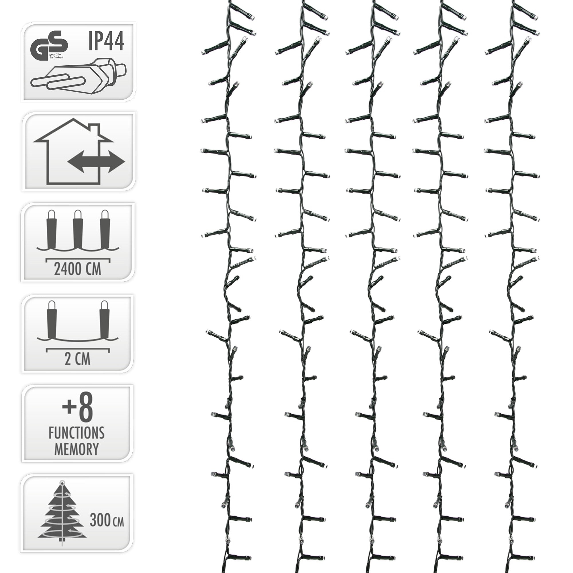 String lights with multiple functions and a length of 2400 cm.