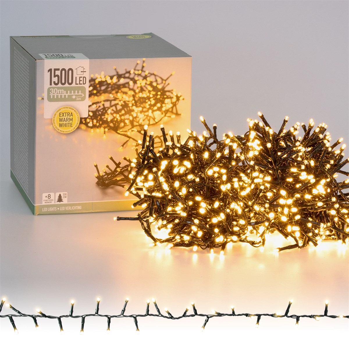 Eine Box mit 1500 LED-Lichtern und einer Lichterkette.