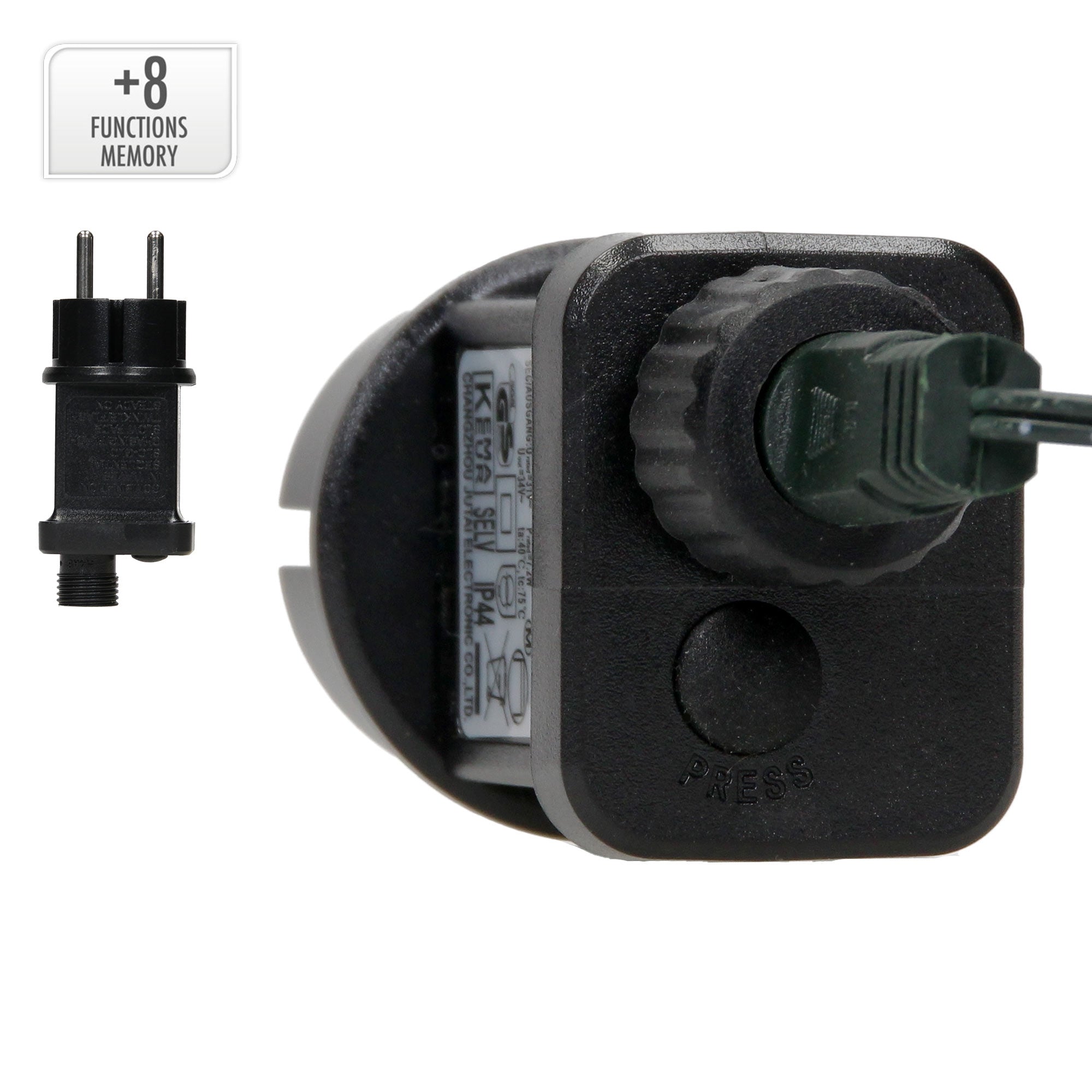 Close-up of a plug with cable and a switch.