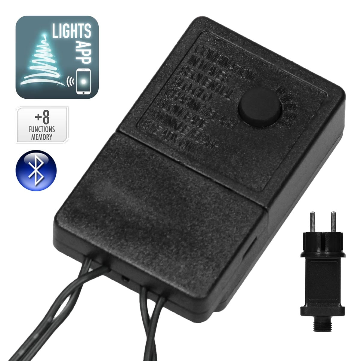 Ein Steuergerät für Lichter mit Bluetooth-Funktion und einem Stecker.