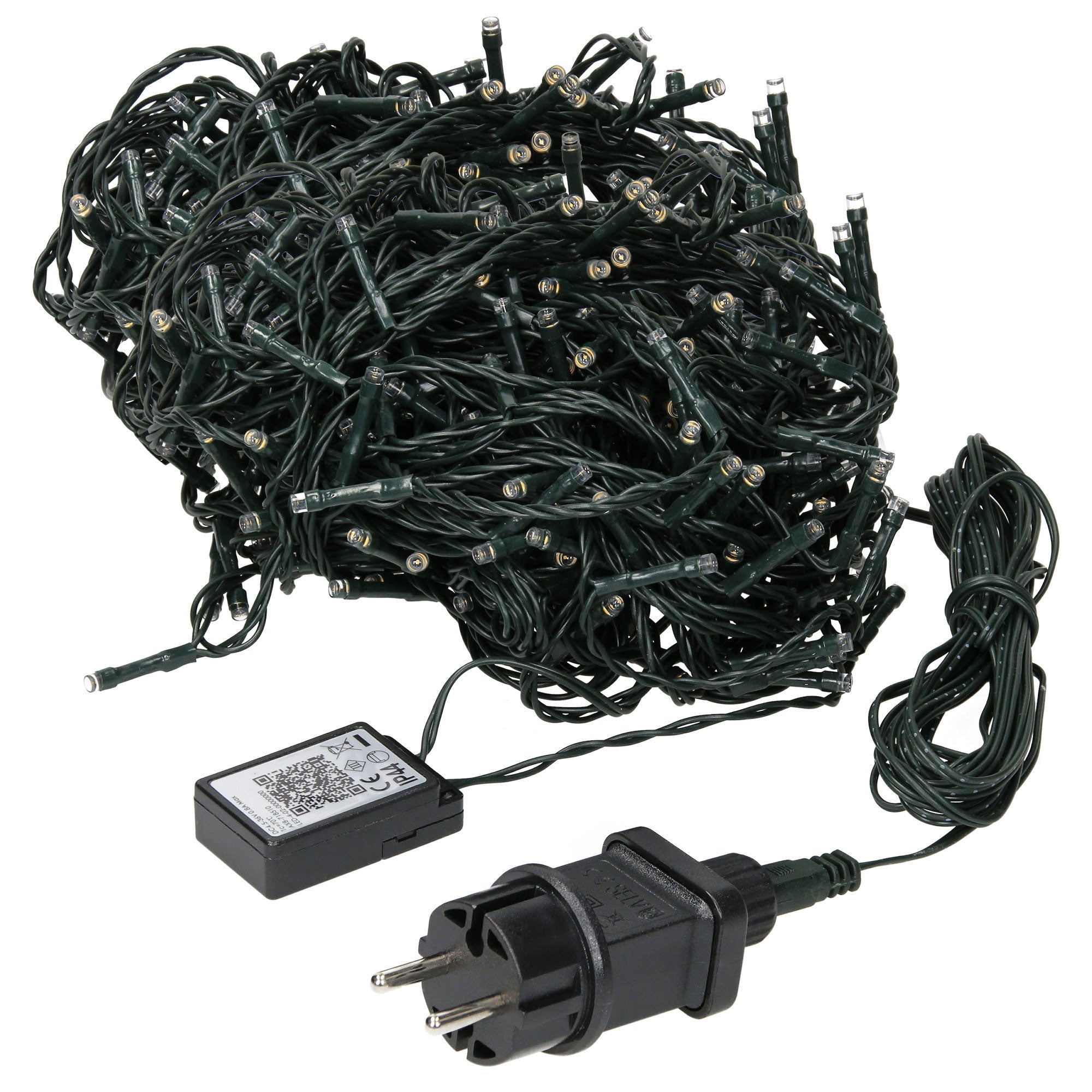 Ein Kabelbaum mit vielen Lichtern und einem Stecker.
