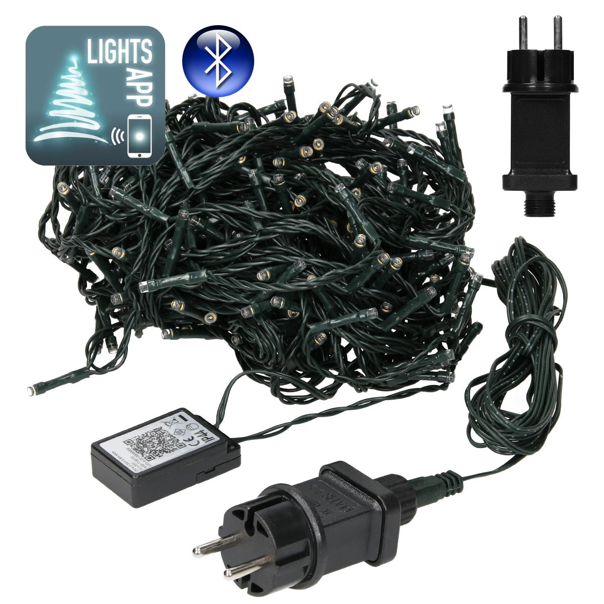 Kabelbaum mit Lichtern und einem Stecker, Bluetooth-Symbol sichtbar.