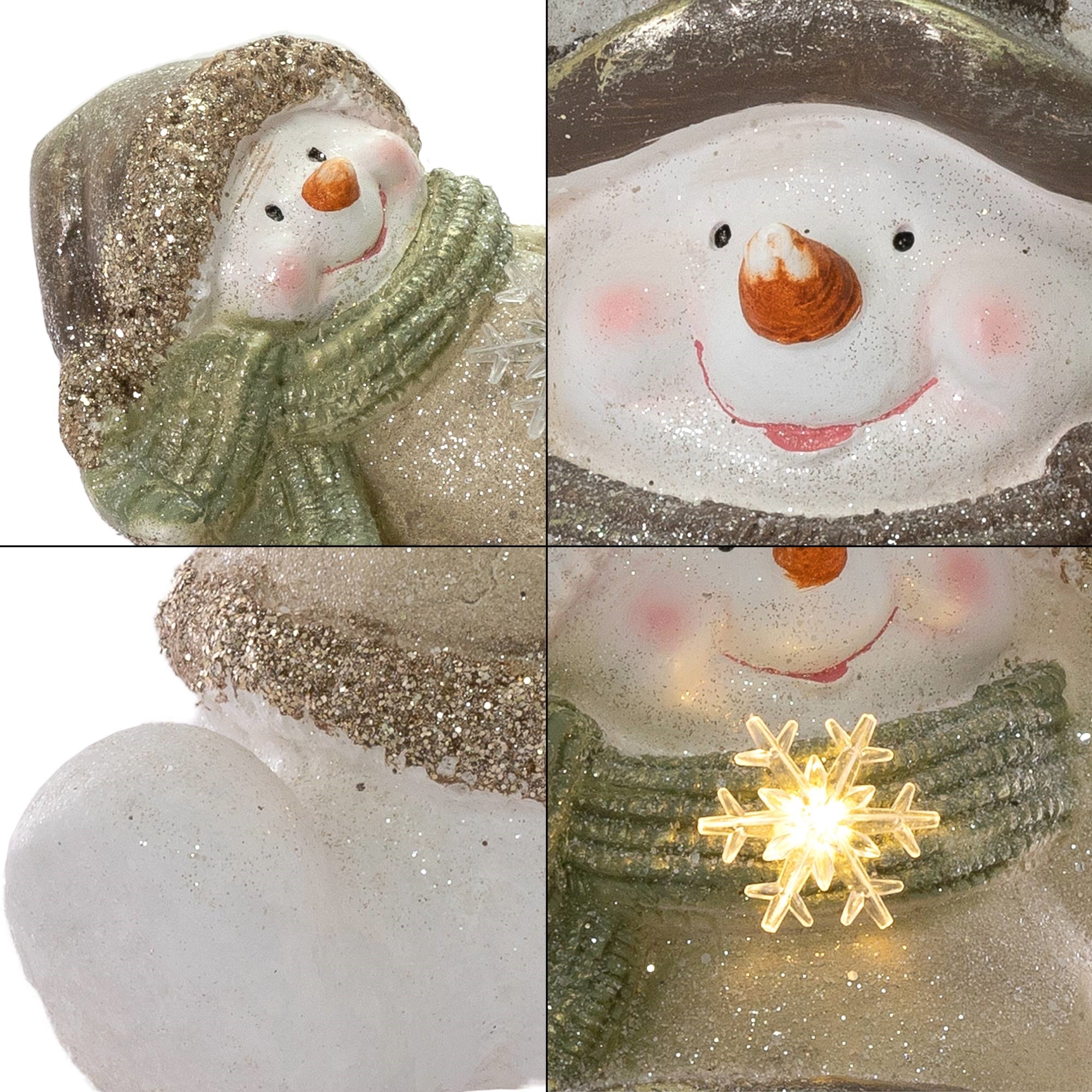 Nahaufnahme einer Schneemannfigur mit Glitzer und einer leuchtenden Schneeflocke.