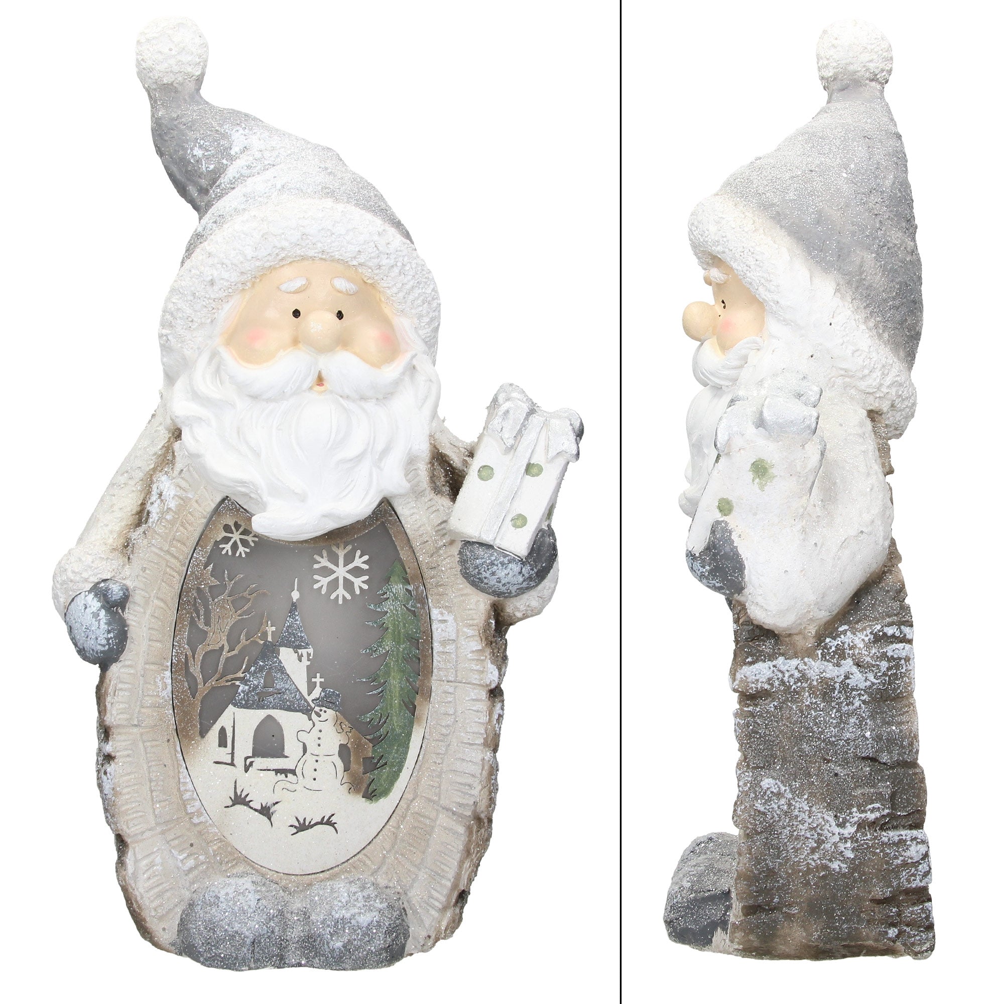 Seitenansicht eines Weihnachtsmanns mit Geschenken und winterlicher Szene.