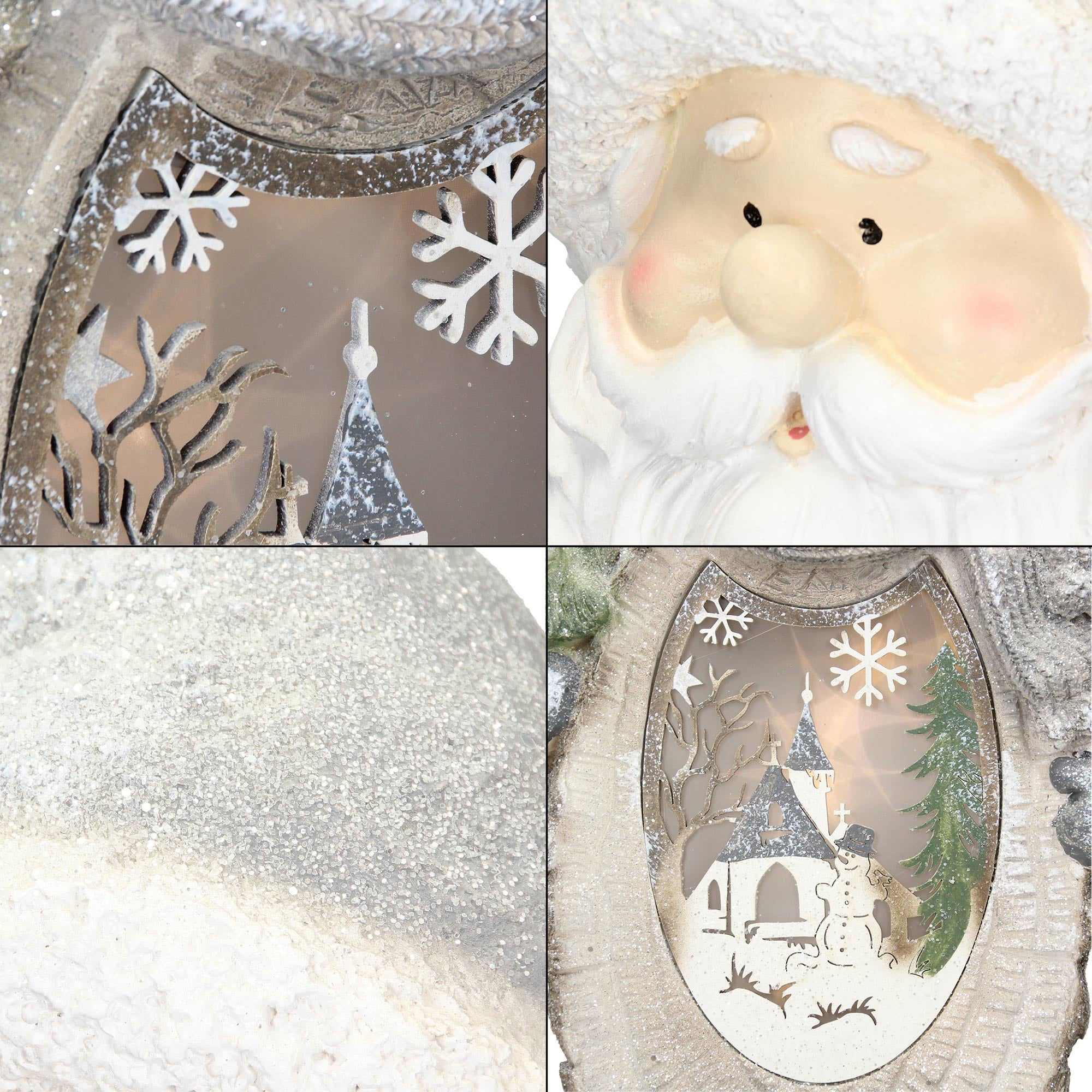 Nahaufnahme des Schneemanns mit Details von Schnee und winterlicher Landschaft.