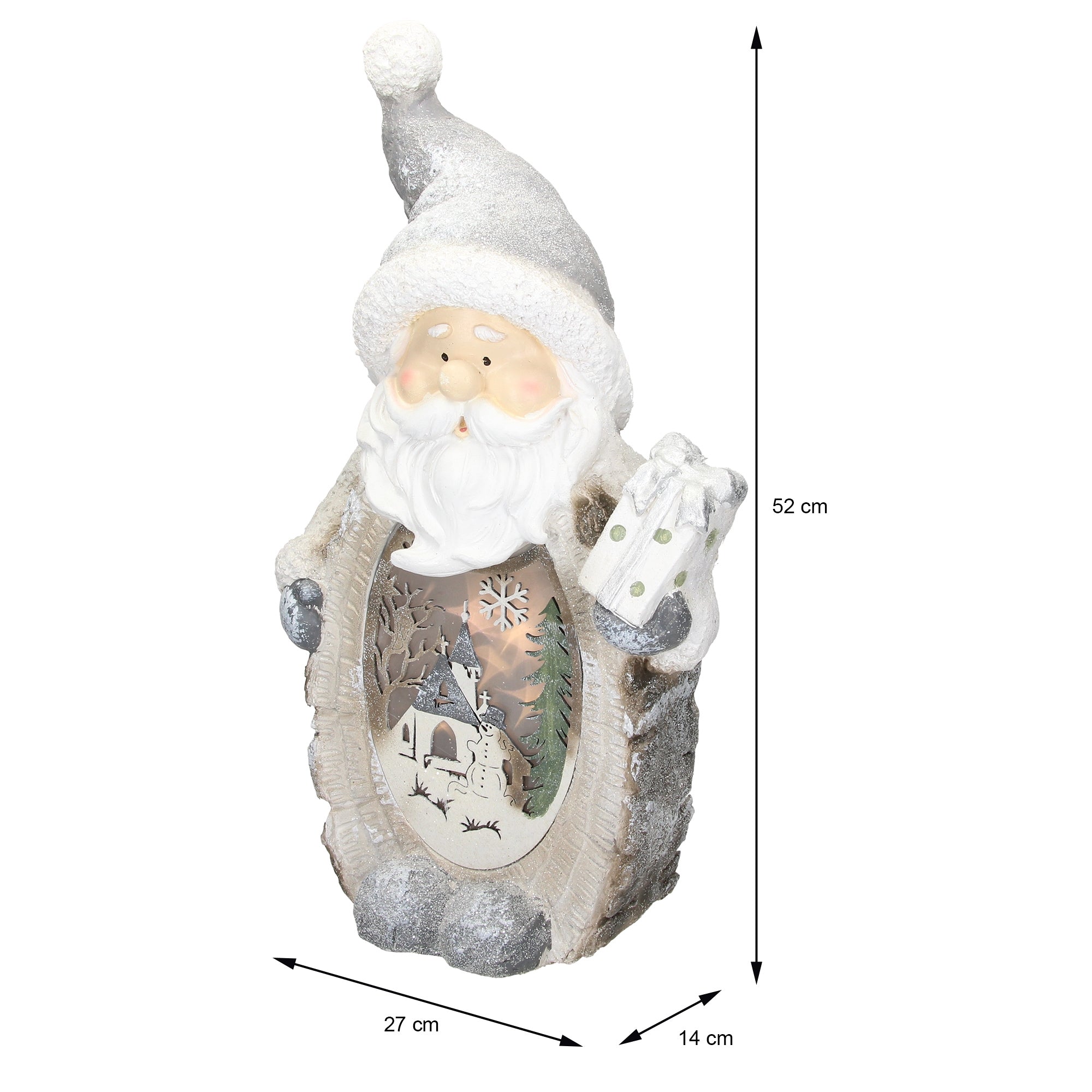 Weihnachtsmannfigur mit Maßen, hält einen Baum und hat einen langen weißen Bart.