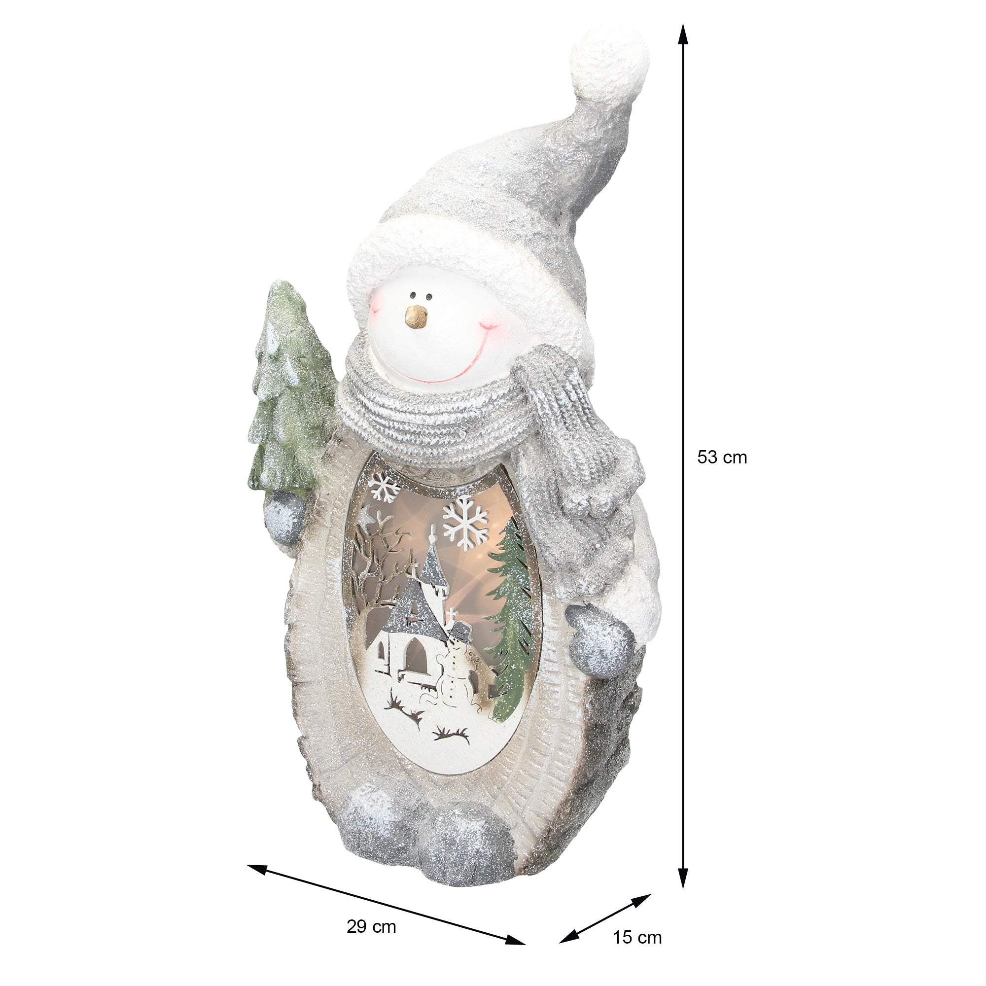 Figur eines Schneemanns mit Schal und Tannenbaum, winterliches Design.