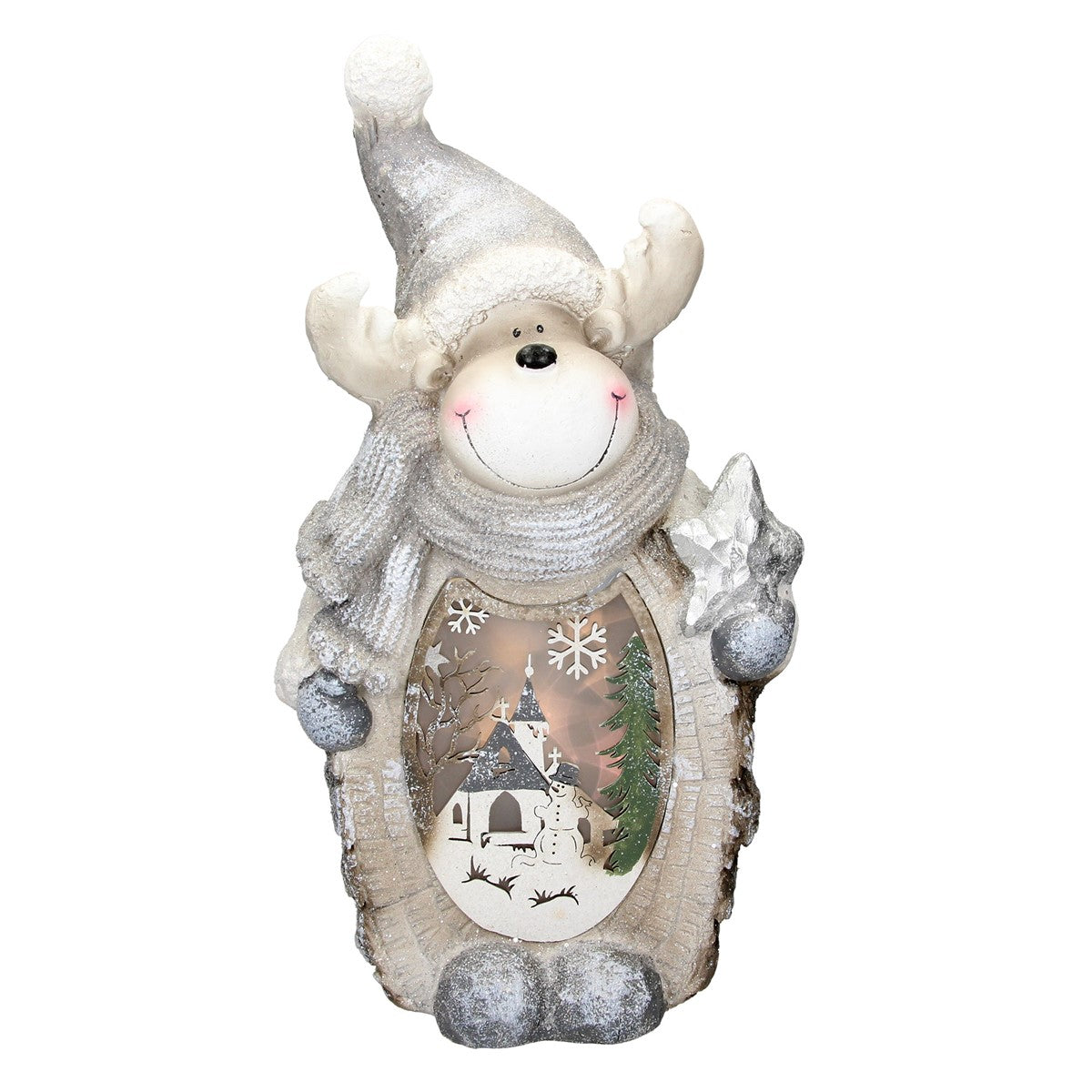 Dekorativ figur av en glad ren med halsduk och mössa som håller en stjärna.