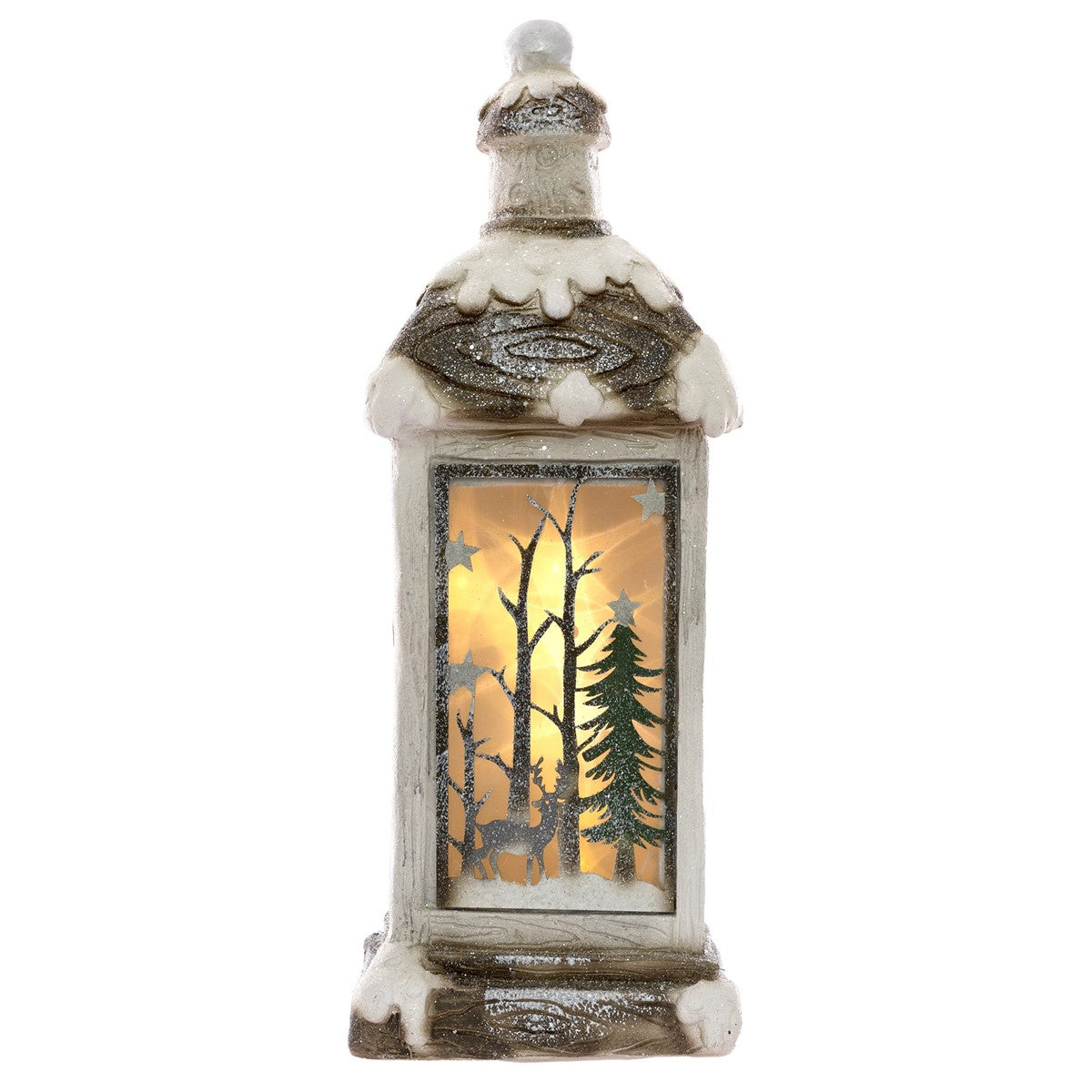 Lanterna decorativa con una scena invernale e uno sfondo illuminato.