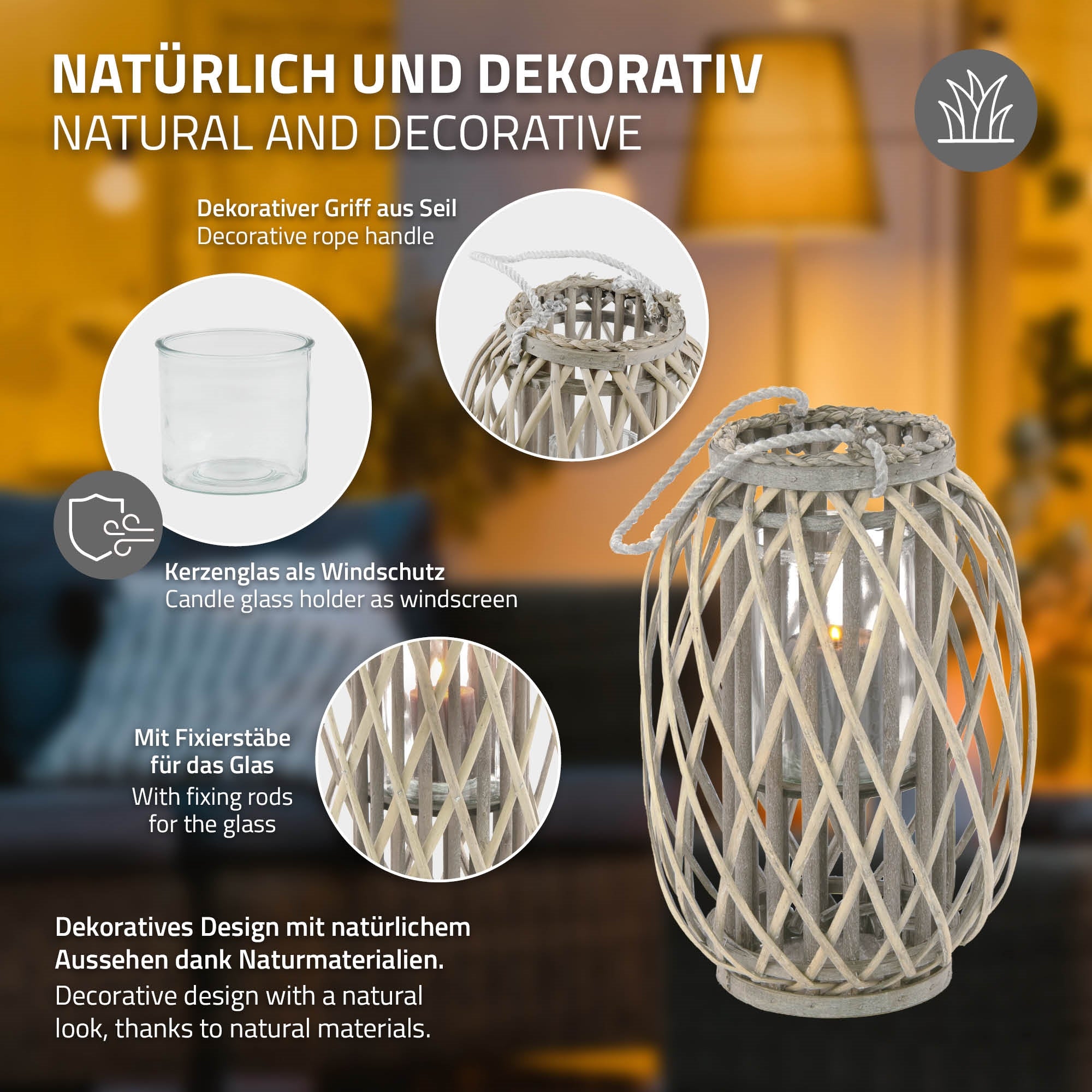 Dekorativer Kerzenhalter aus Rattan mit Glas und Windschutz.