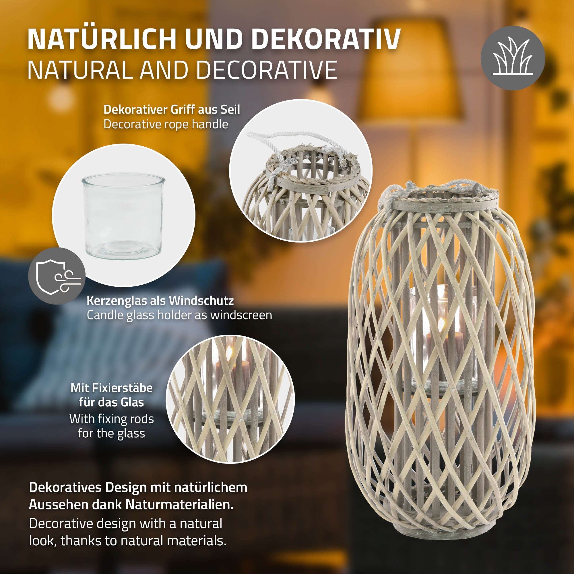Dekorative Riedlaterne mit Informationen zu Design und Materialien.