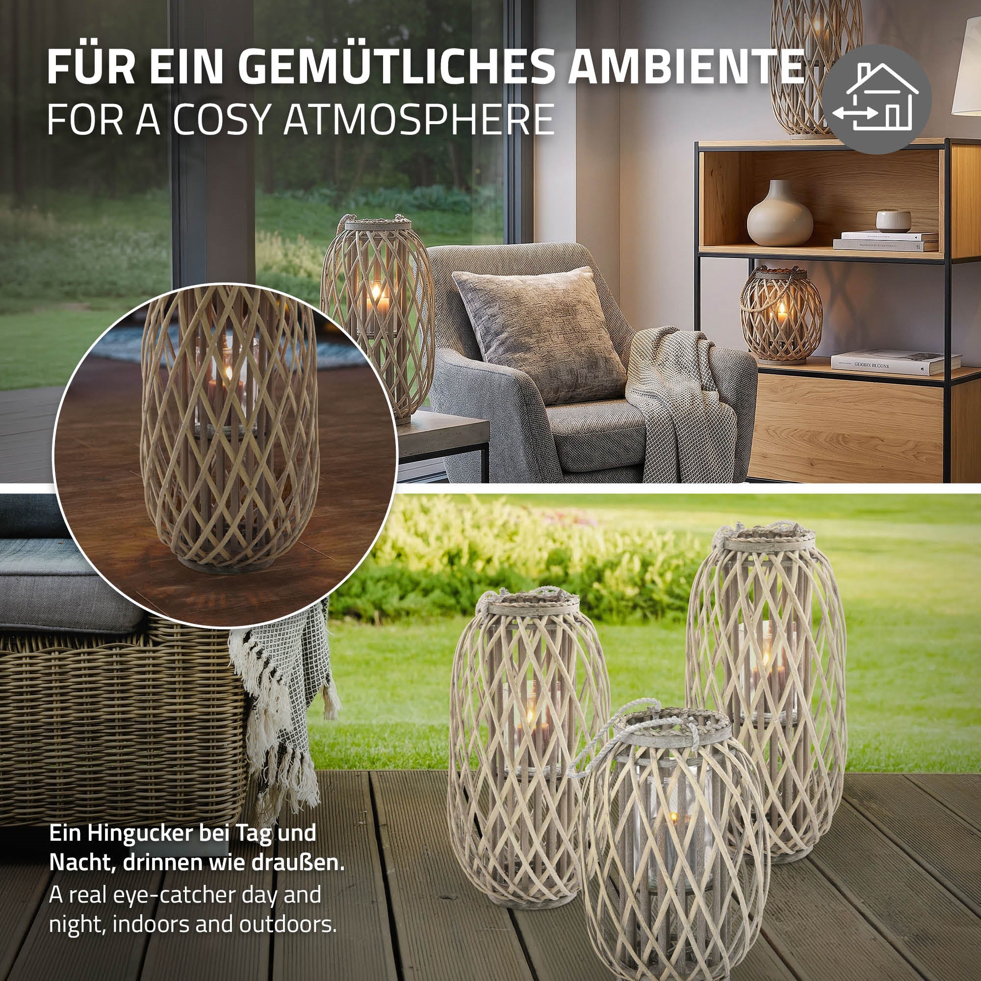Drei Laternen aus geflochtenem Material auf einem Tisch im Innenbereich.