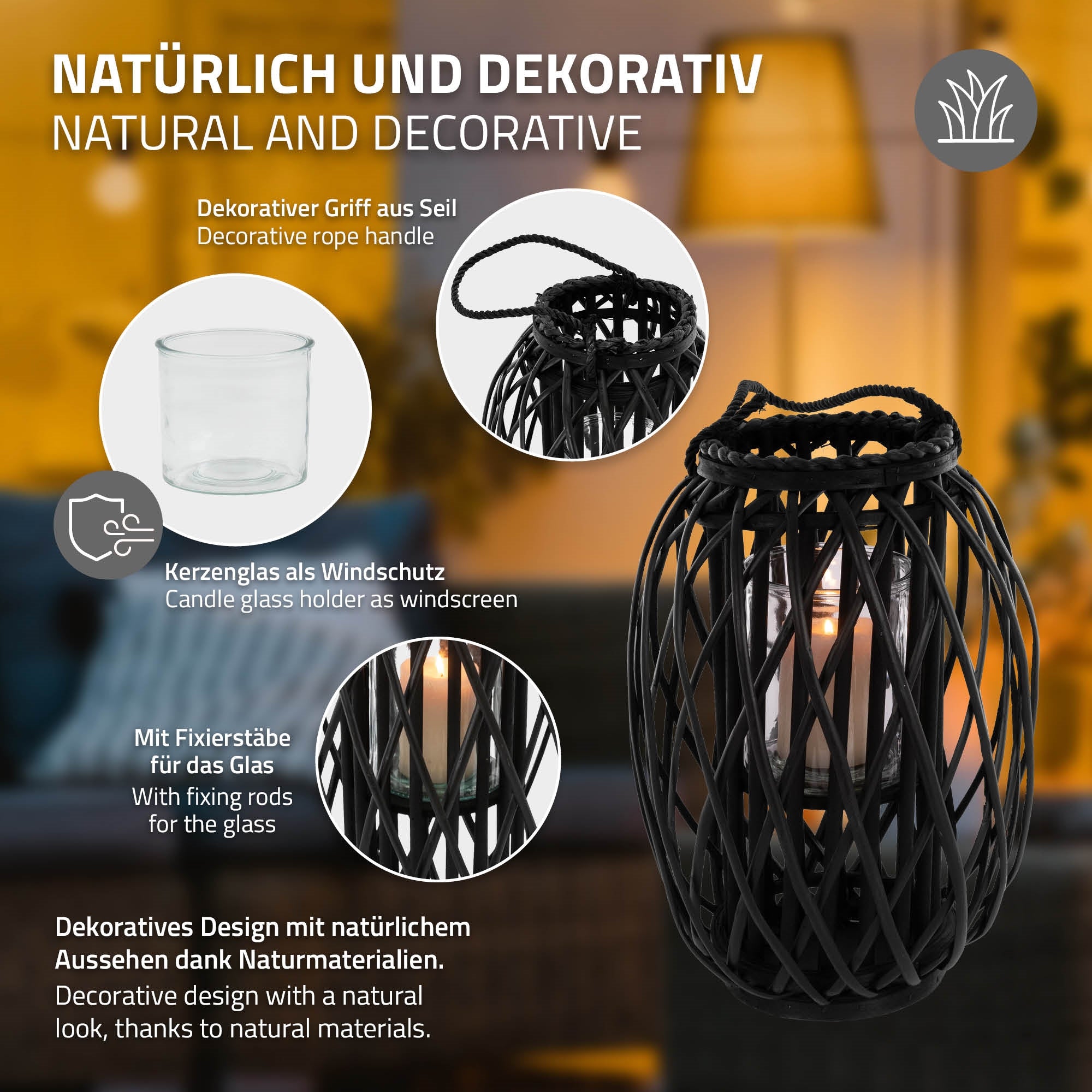 Dekorativer Kerzenhalter aus geflochtenem Material mit Seilgriff.