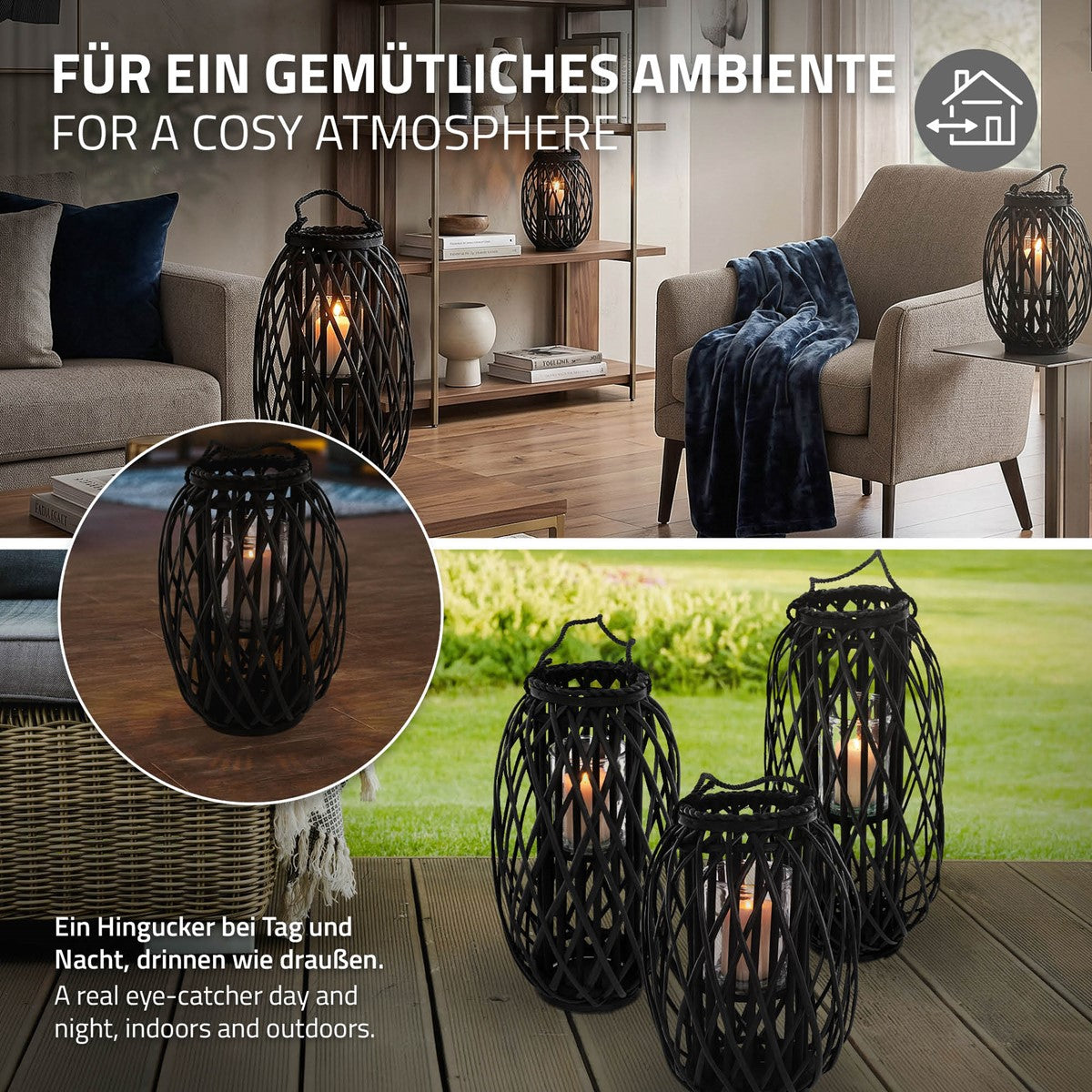 Drei dekorative Laternen auf einem Tisch in einem gemütlichen Raum.