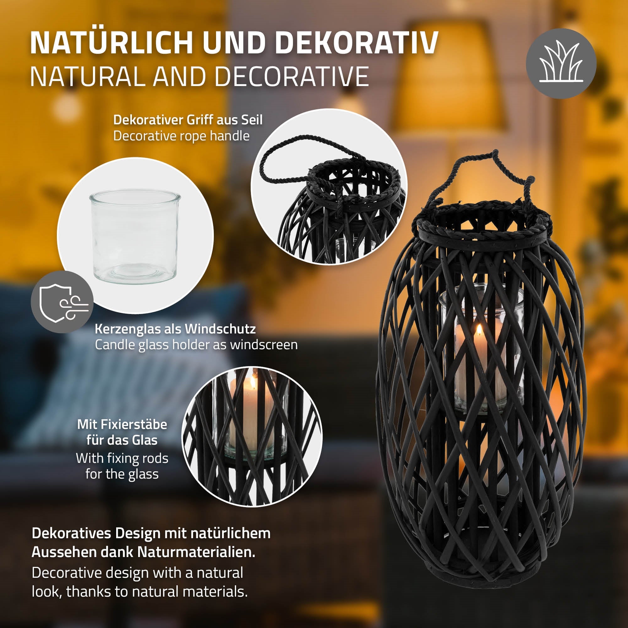 Black reed lantern with candle glass, decorative handle, and wind protection.