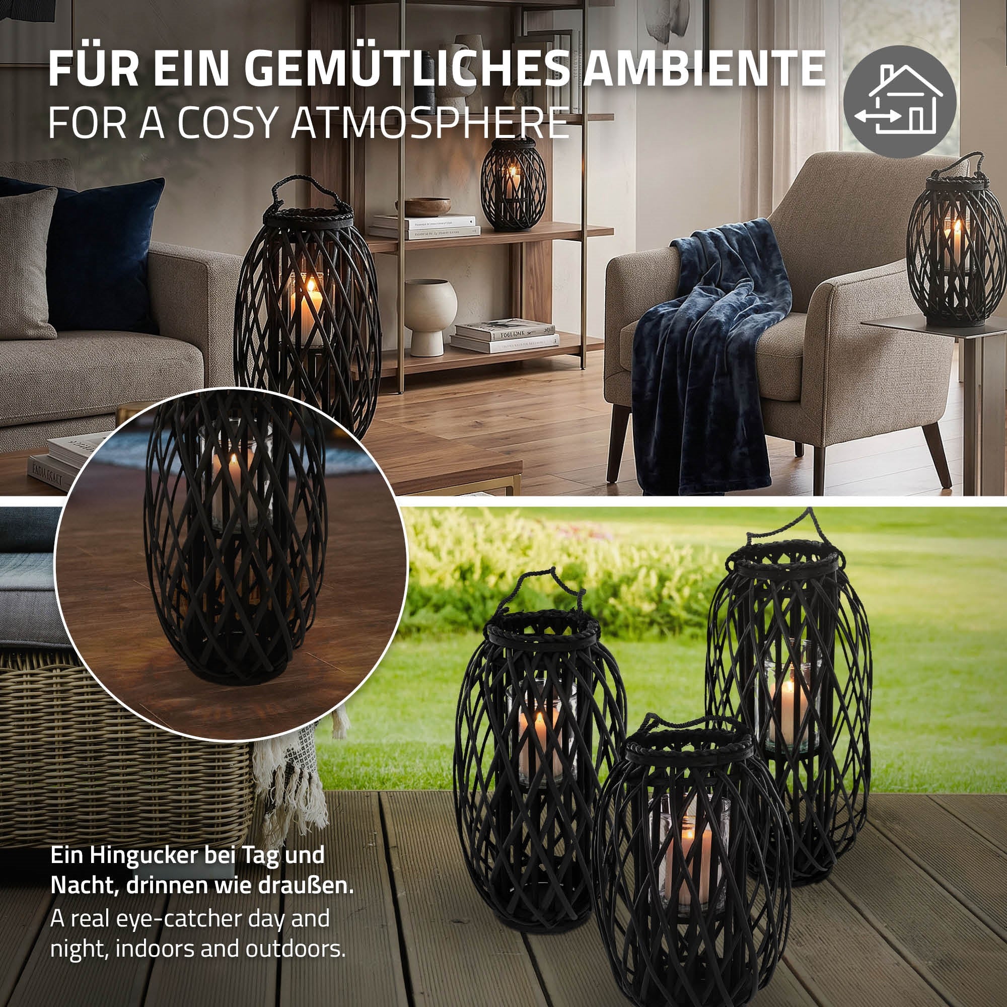 Cozy living atmosphere with several black lanterns.