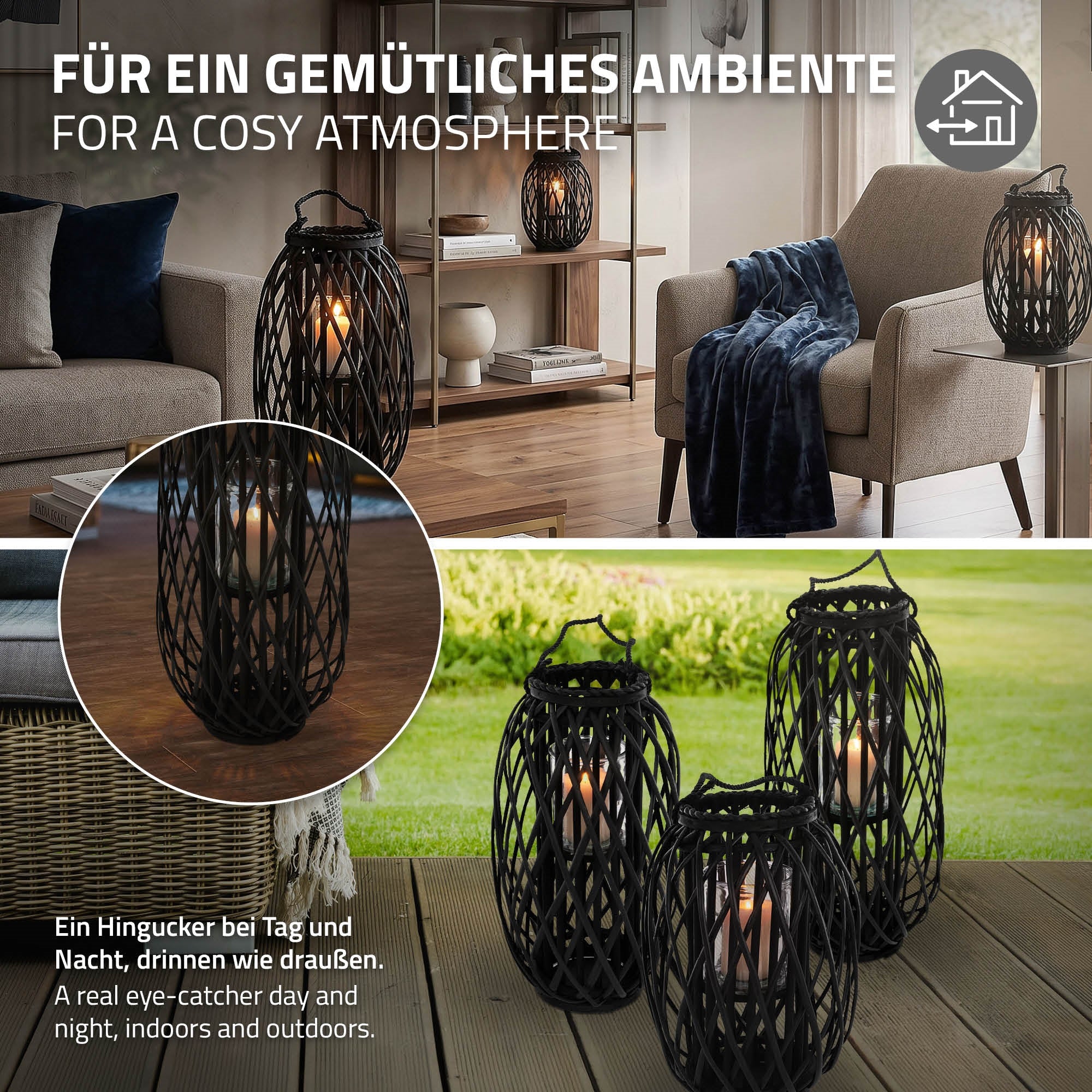 Wohnzimmer mit dekorativen Laternen und gemütlicher Atmosphäre.
