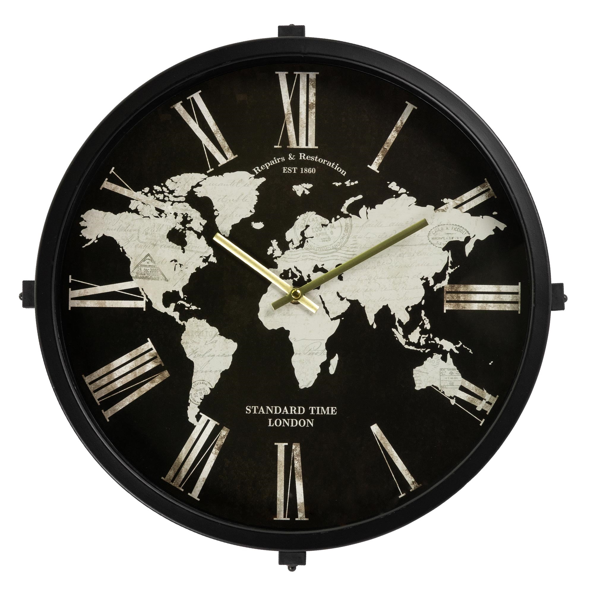 Wanduhr mit Weltkarte, runder schwarzer Rahmen und römischen Ziffern.