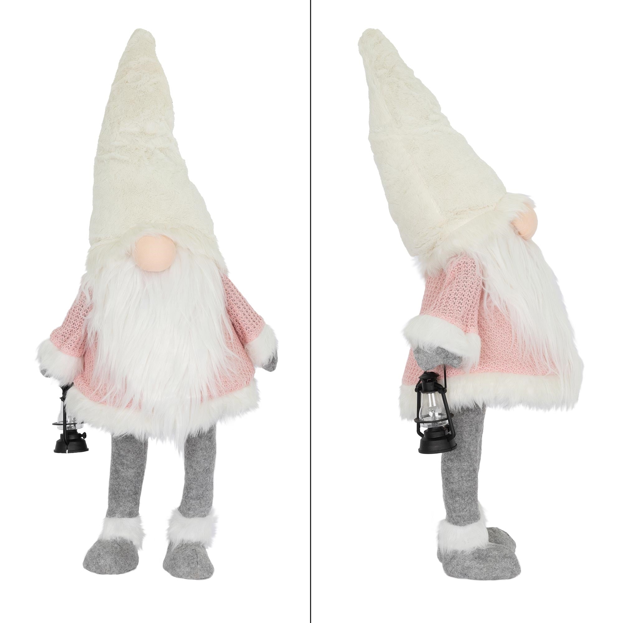 Plushgnom med hvid hat og lyserød sweater, side- og frontalvisning.