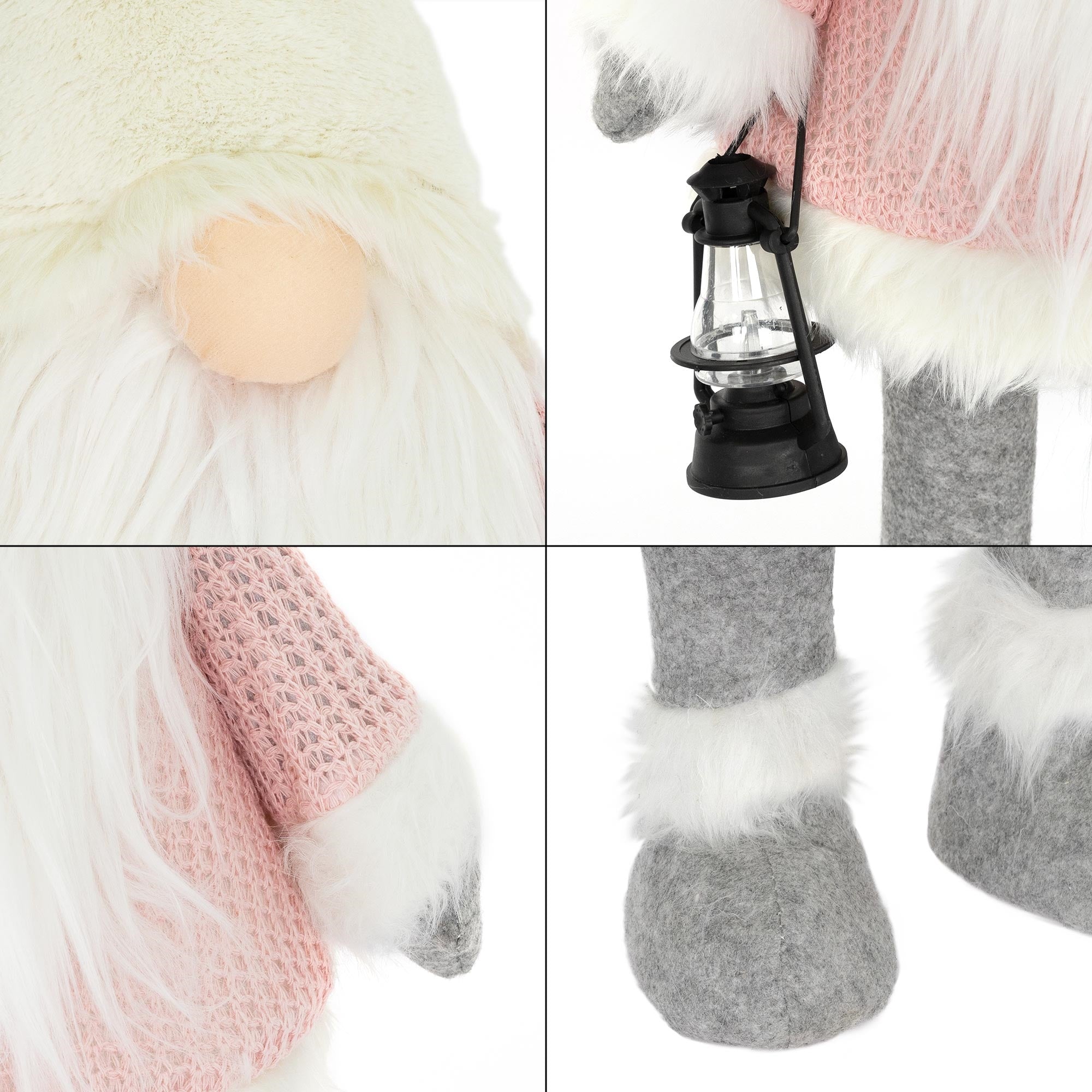 Nærbillede af en nisse med en lanterne og en lyserød sweater.