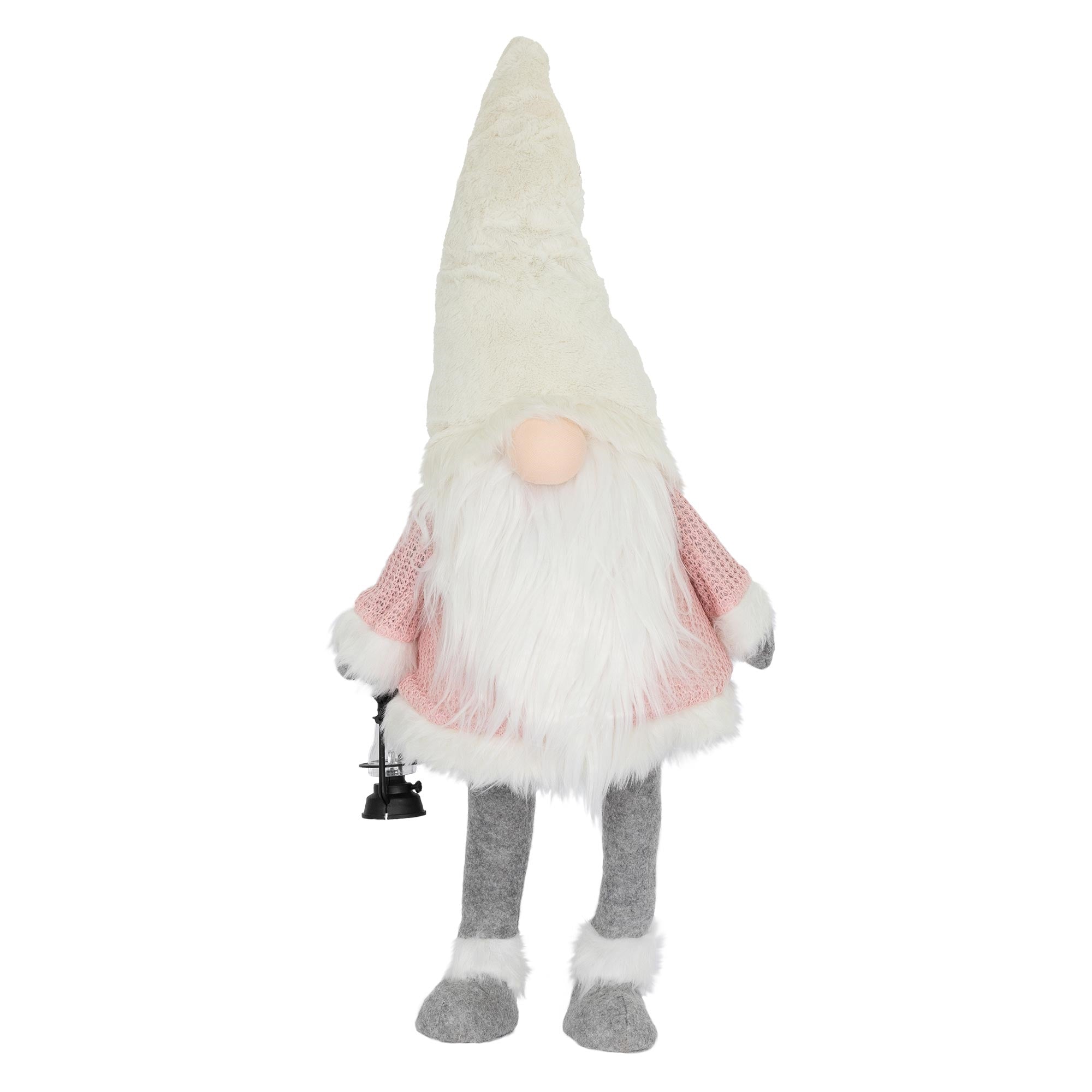 Plushgnom med hvid hat, lyserød sweater og lanterne, foran hvid baggrund.