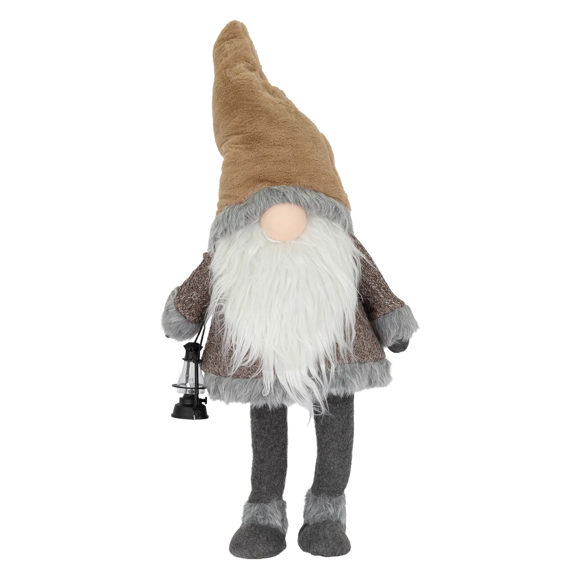 Plüschfigur eines Gnomes mit braunem Hut und Laterne.